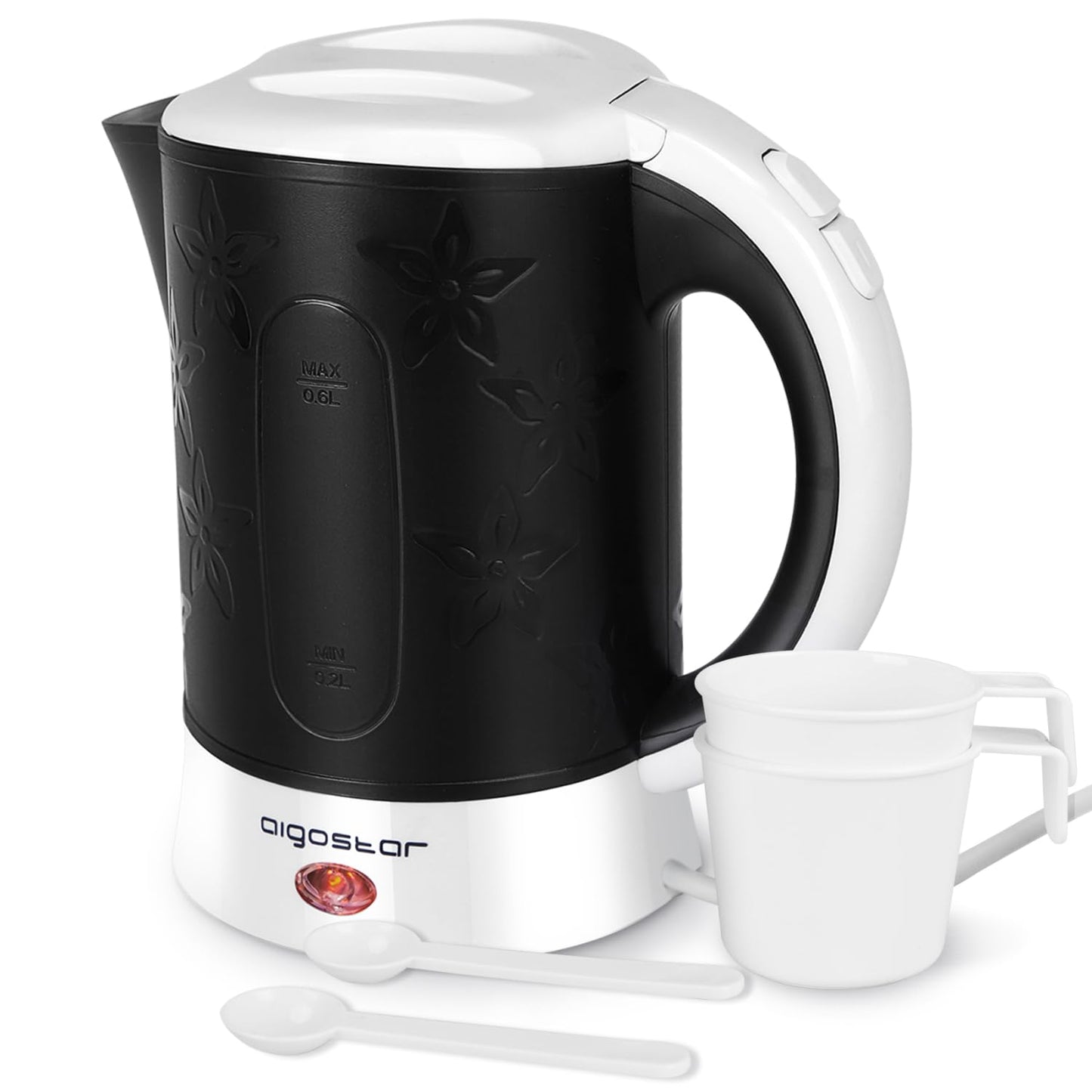 Aigostar Travel Electric Kettle Set - 650W Portable Boil-Drink Set (0.6L Kettle + 2 Cups & Spoons), Auto Shut-Off & Boil-Dry Protection, BPA-Free Mini