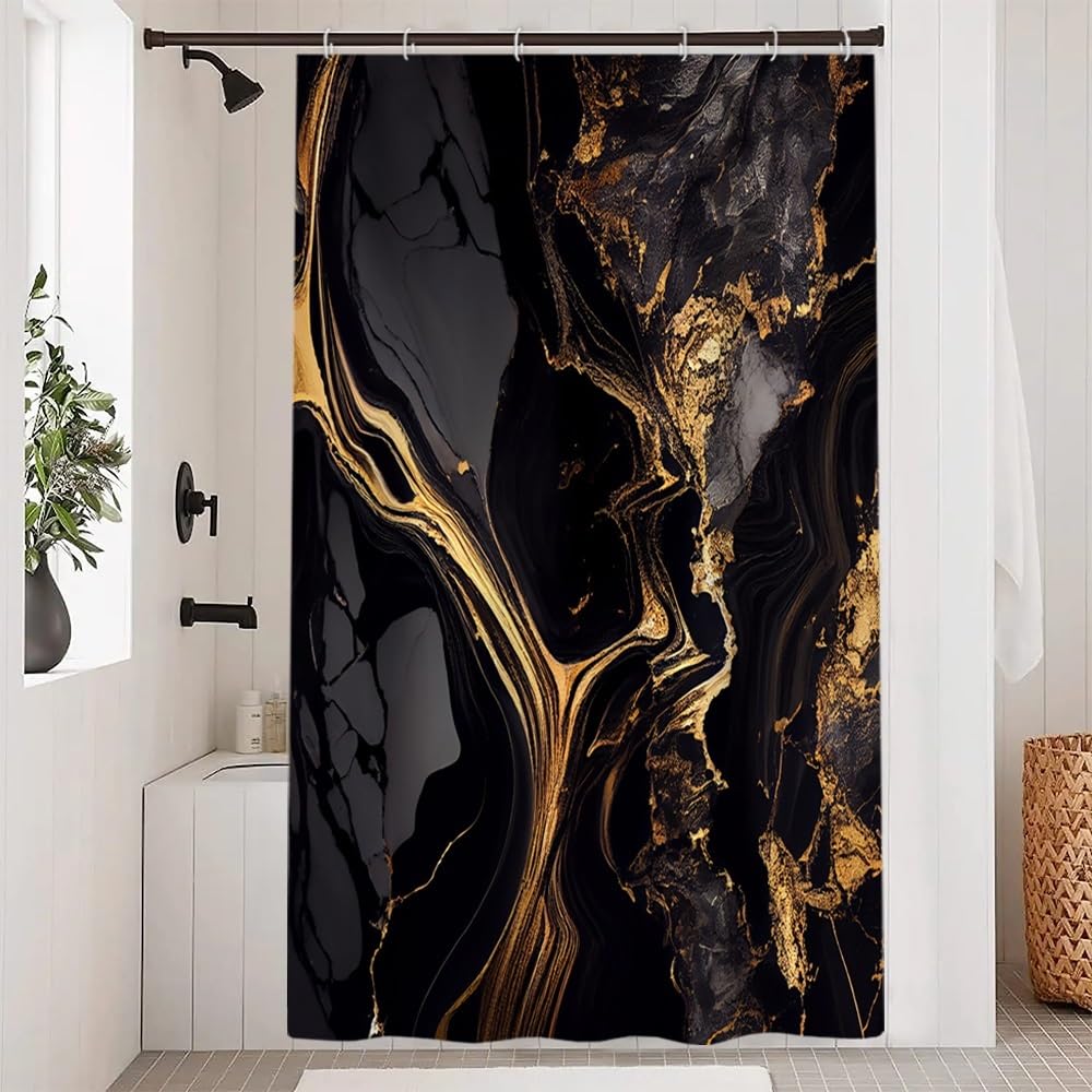 Uiiooazy Black Gold Shower Curtain, Abstract Grey Marble Effect Bath Curtain Mildew and Mould Resistant Waterproof Polyester Fabric Washable Opaque