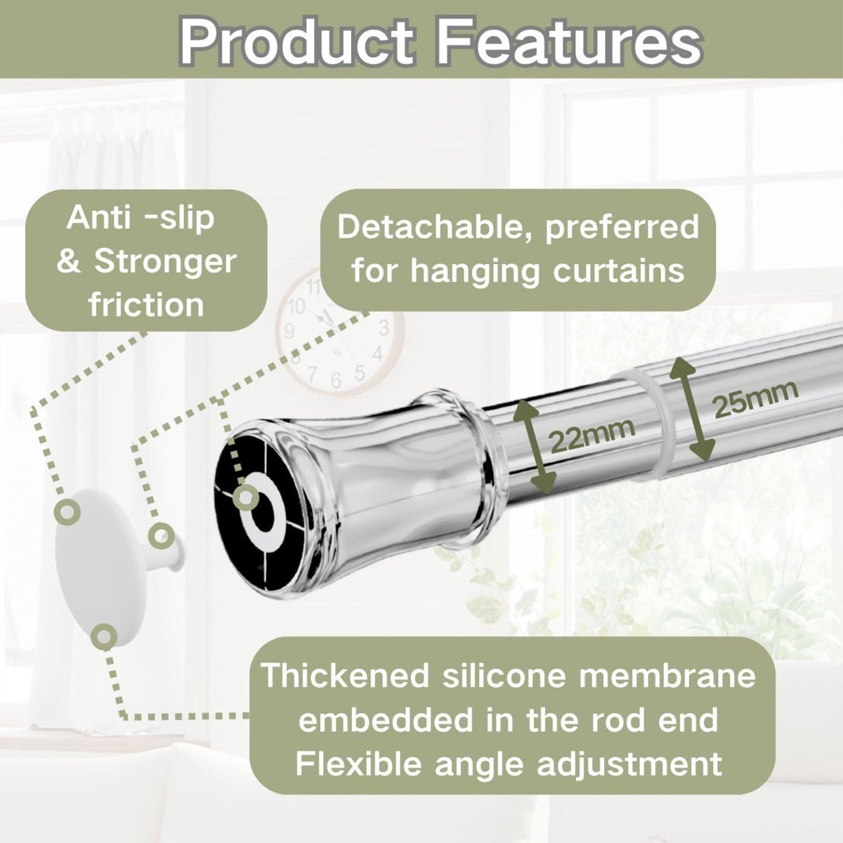 Shower Curtain Rail Extendable Curtain Pole, Metal Tension Rod Anti-Slip Telescopic Curtain Rod Easy Fitting for Bathroom, Closet, Kitchen, 85-180 cm