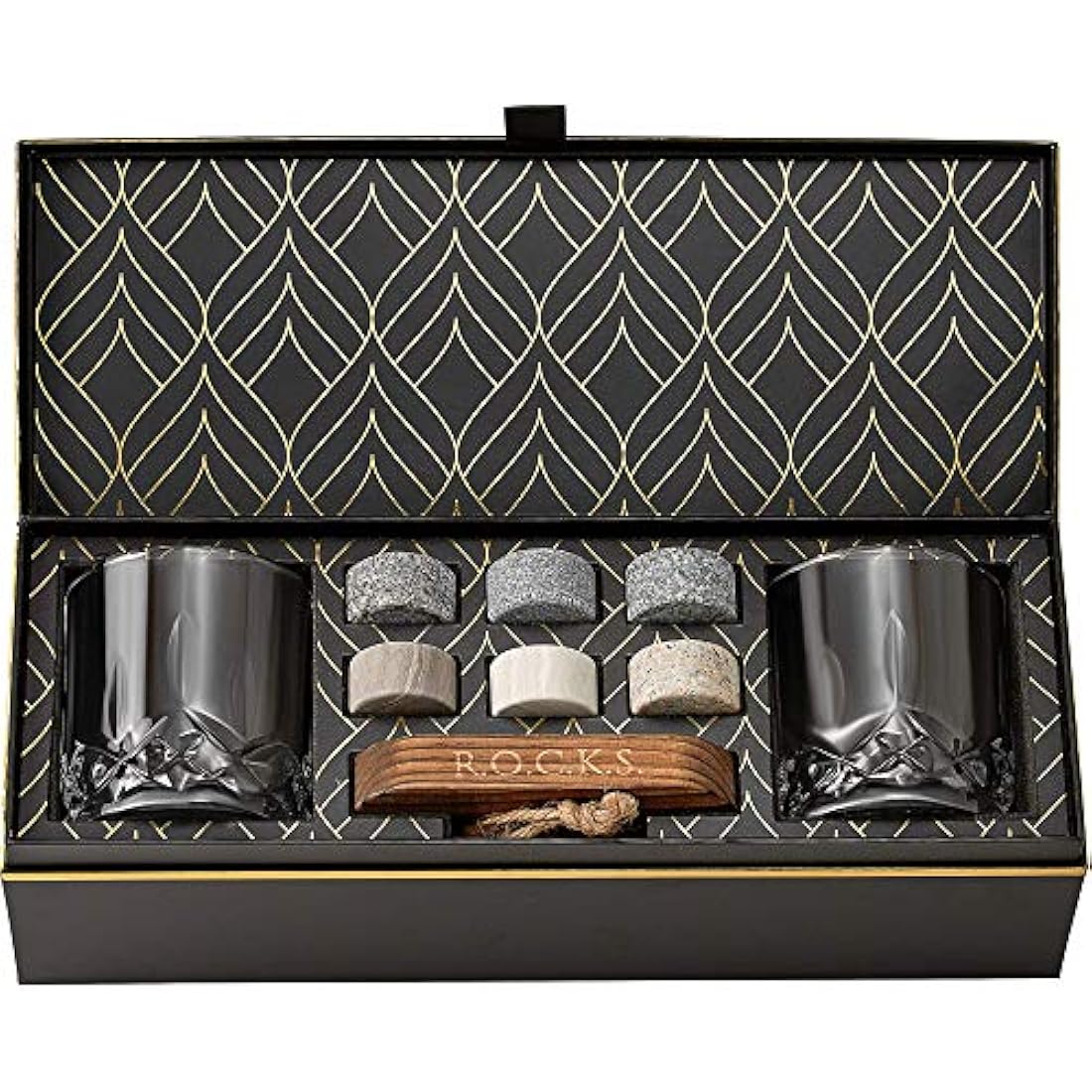 Whiskey Chilling Stones Gift Set - 6 Handcrafted Premium Granite Round Sipping Rocks - 2 Crystal Glass Tumblers - Hardwood Presentation & Storage Tray - Elegant Gold Foil Gift Box by R.O.C.K.S.
