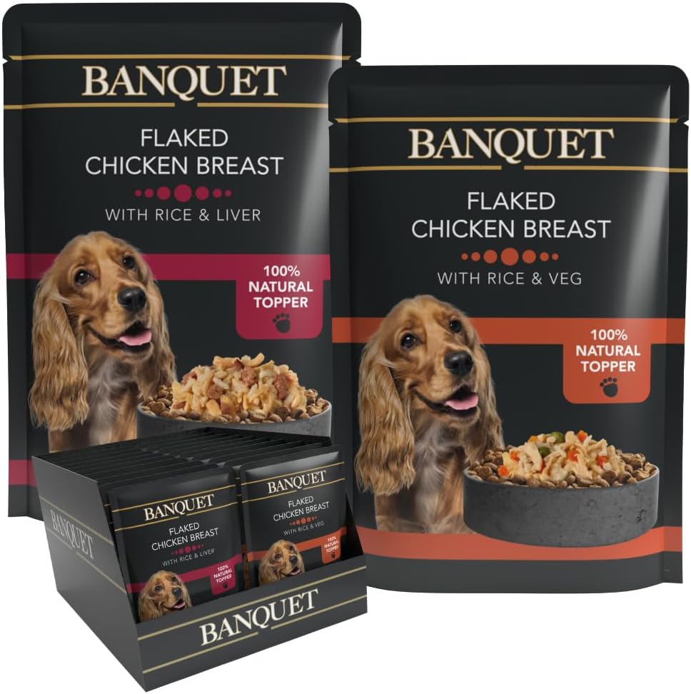 Banquet Adult Wet Dog Food, Flaked Chicken Breast with Rice & Liver/Flaked Chicken Breast with Rice & Veg, 100% Natural Ingredients, 30 Pouches x 100 g