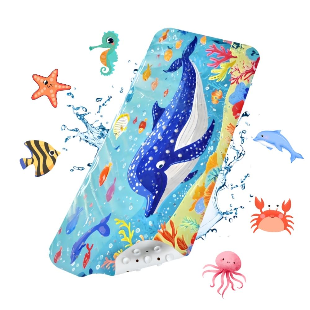 Bathtub Mat, Non-Slip Bath Mat 100 x 40 CM, Cartoon Non Slip Shower Mats, Kids Bath Mat Non Slip Anti Mould, with Suction Cups and Drain Holes, for