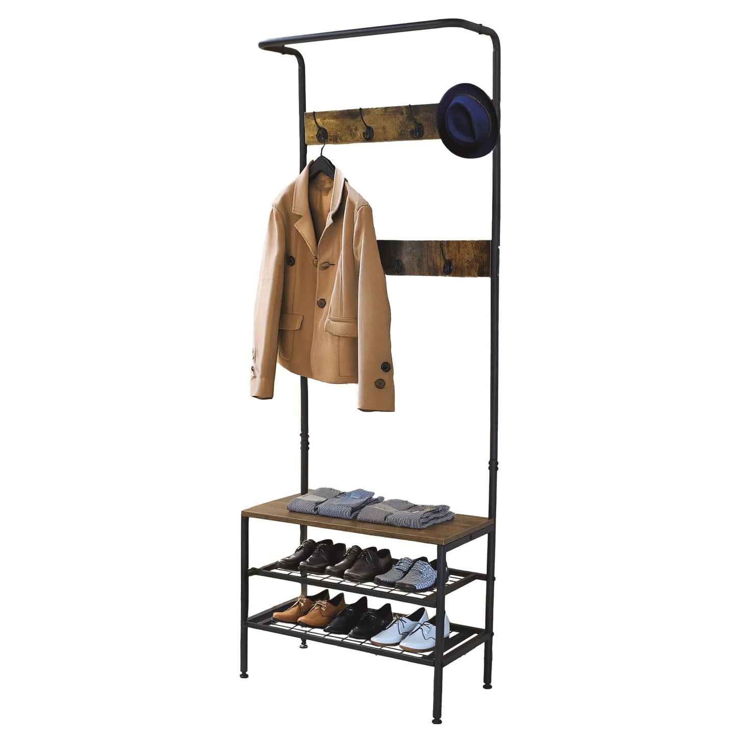 Amig - Coat Rack with Shoe Shelf Lukïen Entryway Furniture with Industrial Style Bench 183x66x32.5 cm Metal and Wood Black and Brown Furniture for