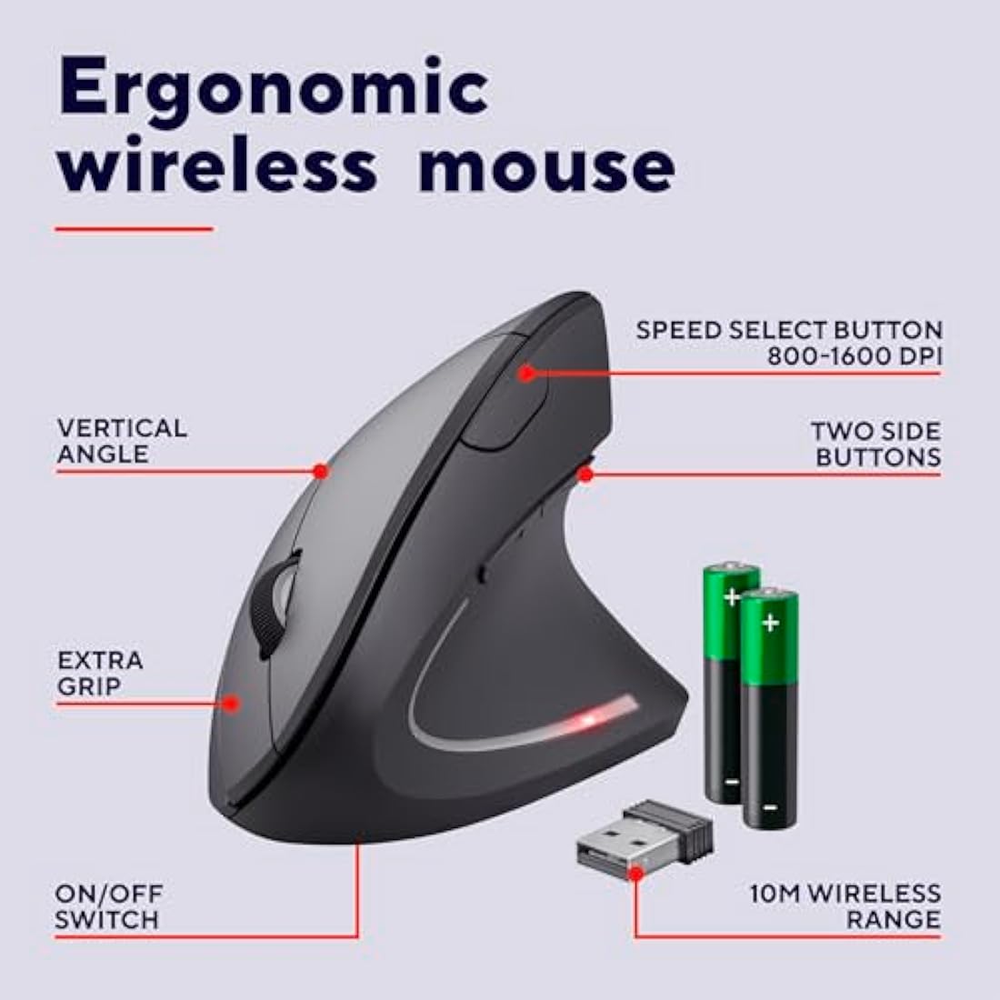 Trust Verto Wireless Ergonomic Mouse, Vertical Mouse with Storable USB Micro-receiver, 800-1600 DPI, 6 Buttons, Illuminated Mouse for Right Hand Users for PC, Laptop, Mac, Batteries Included - Black