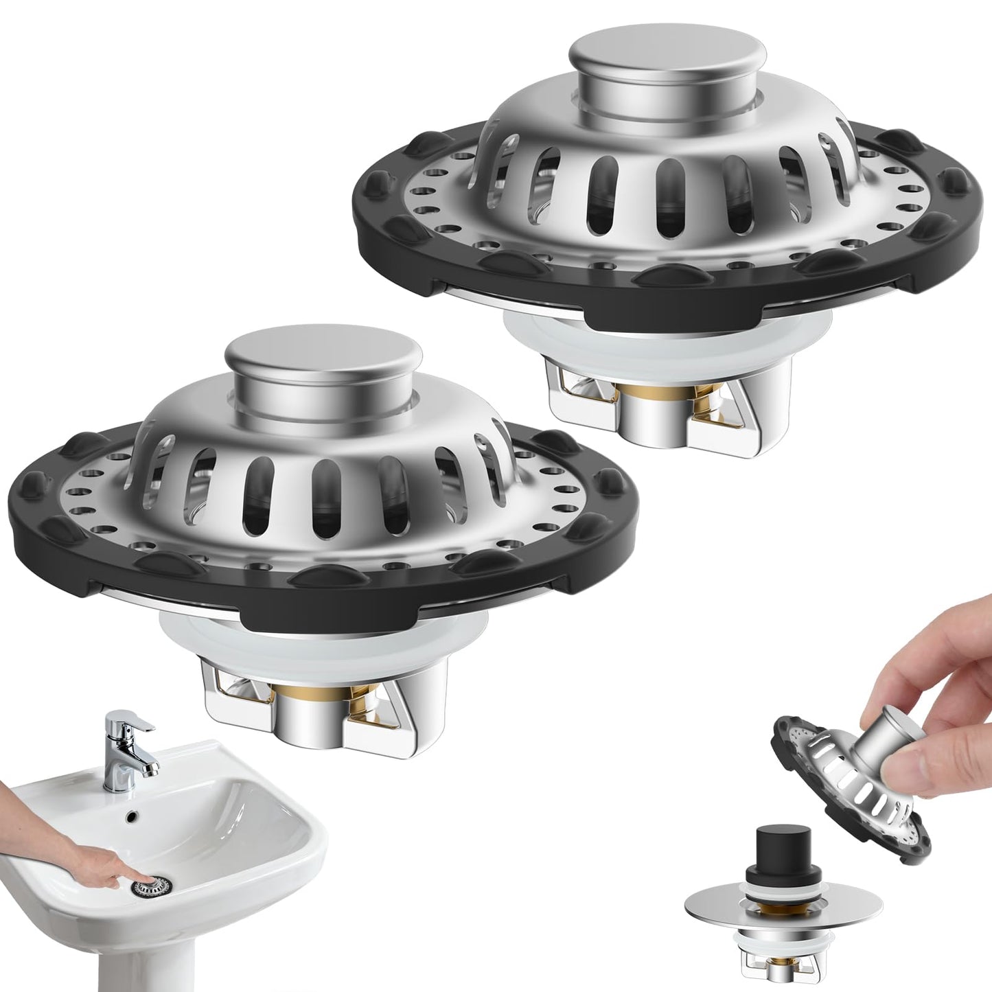 Hibbent 2PC Upgraded 3 in 1 Bathroom Sink Plug, Stainless Steel Basin Plug for Hole of 1.1''-2.36'' (28-60mm), Universal Pop Up Stopper with Removable