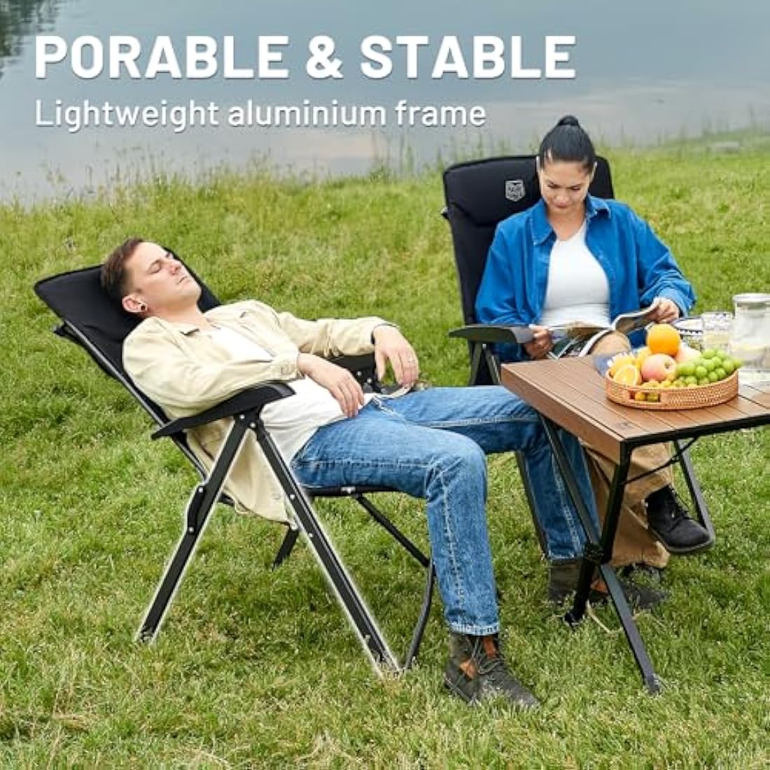 TIMBER RIDGE Camping Chairs for Adults Heavy Duty, Oversized Folding Garden Chair, High Back Outdoor Chair Luxury for Caravan Dining Beach Picnic, Adjustable 4-Position, Support 150kg, Black