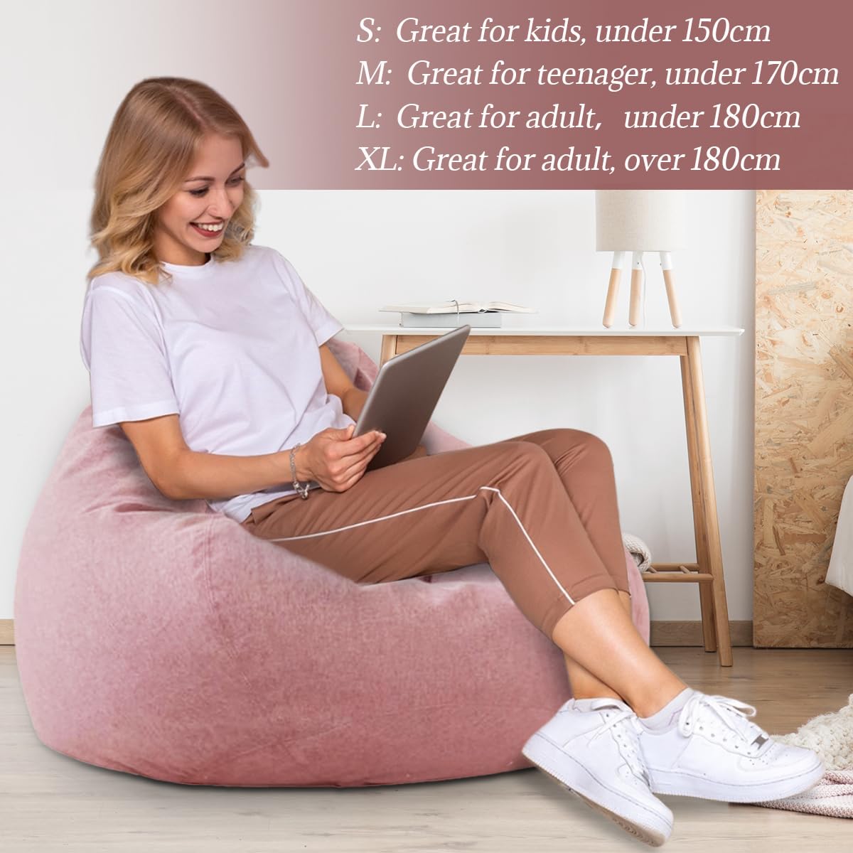 Highdi Kids Bean Bag Without Fillings - Cotton Linen Durable & Comfortable, Pink Storage Bean Bag Chair for Living Room/Gaming Room