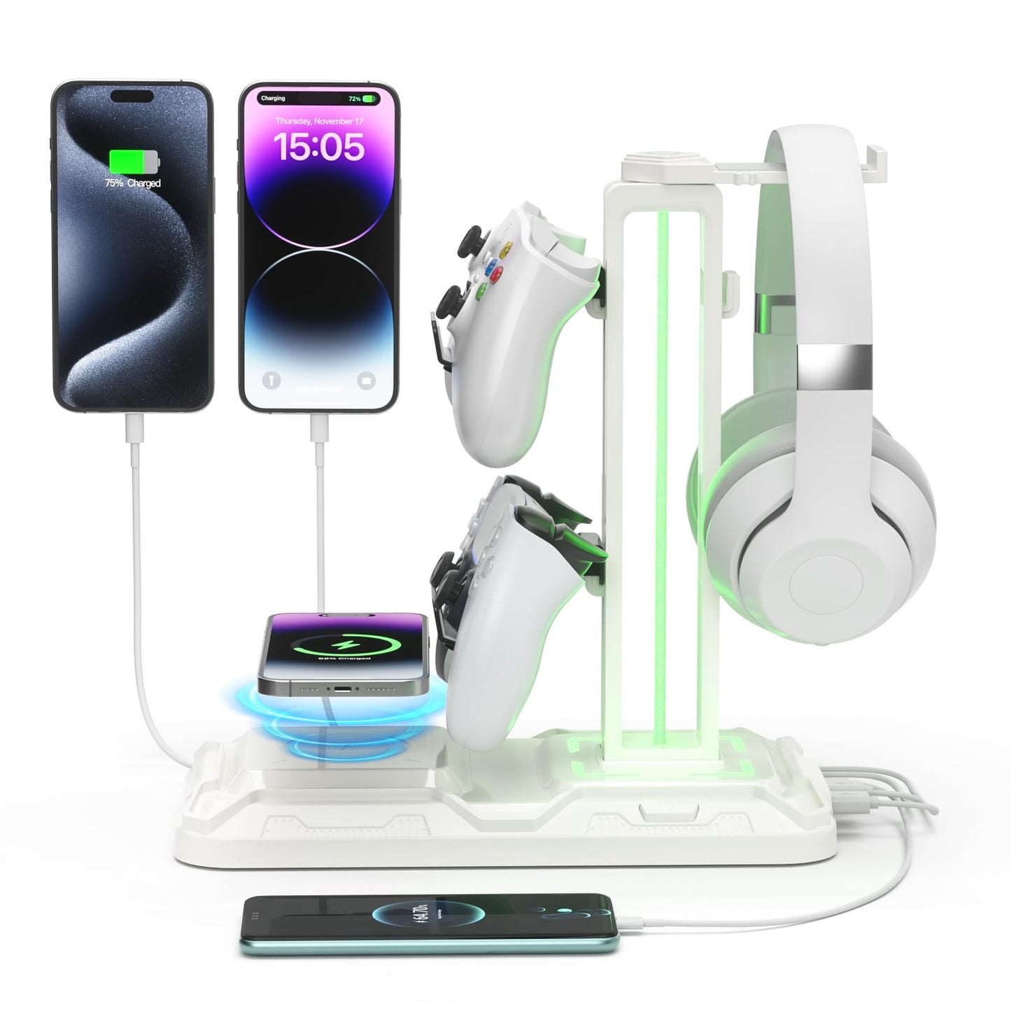 KDD Headset and Controller Stand with Wireless Charging & 9 Light Modes, Rotatable Controller Holder - Headphone Stand with 2 USB and Type C Ports,