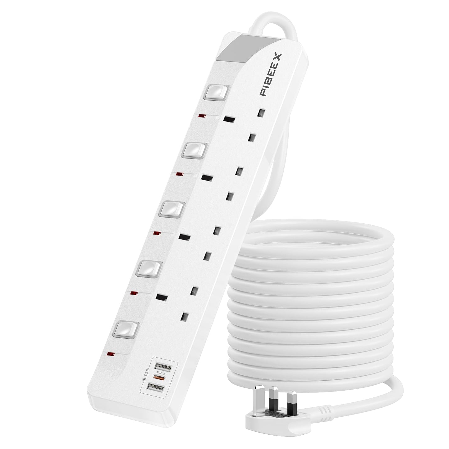 5M Extension Lead with PD 20W USB C, 4 Way Multi Plug Extension Cable with 3 USB Ports, 13A Fused UK Plug, Long Power Cord with Fast Charging USB C,