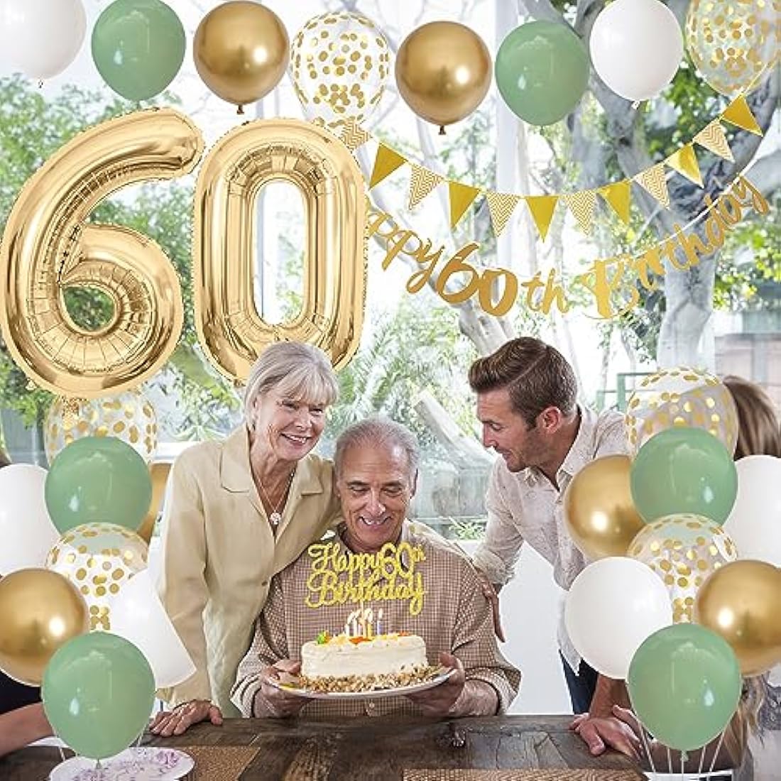 Jobkoo 60. Geburtstag Deko Salbeigrüne Banner 60 Geburtstag Girlande Zahl 60 Luftballons Geburtstag Tortendeko Grün Weiß Gold Party Ballons 60.ter Geburtstag Dekoration 60. Grün Gold