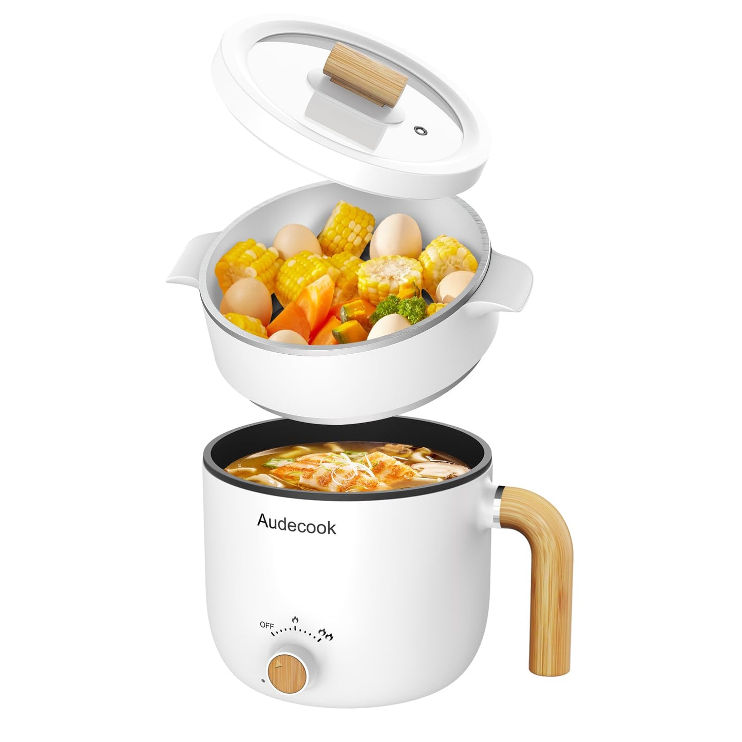 Audecook Electric Hot Pot with Steamer, 1.5L Portable Non-Stick Mini Multifunctional Cooker, Shabu Hot Pot, Electric Skillet with Dual Power Control