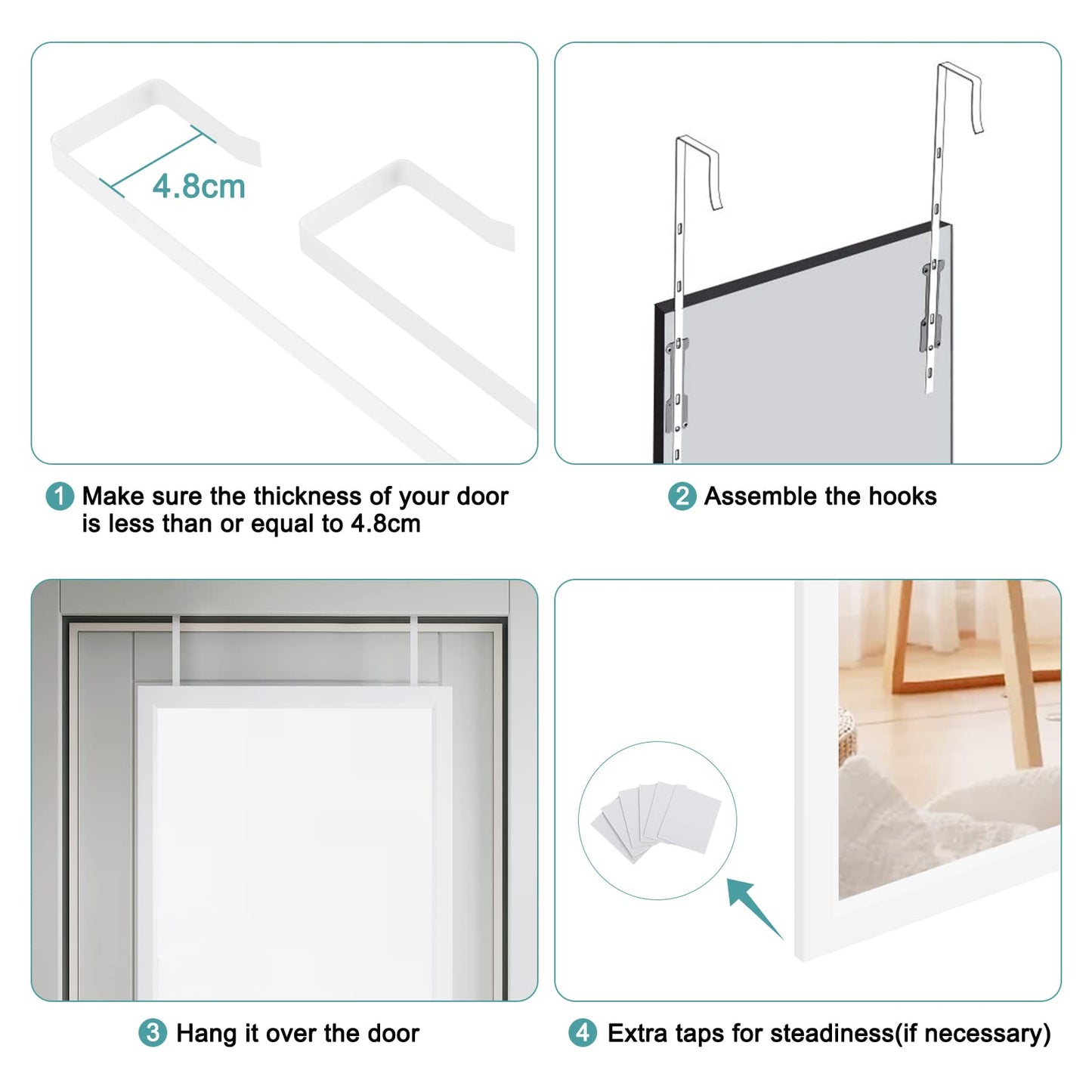 Dripex Over Door Mirror Full Length, 110 x 45cm Wall Mounted Mirror Door Hung Mirror for Bathroom/Bedroom/Wardrobe - Toughened Glass, White