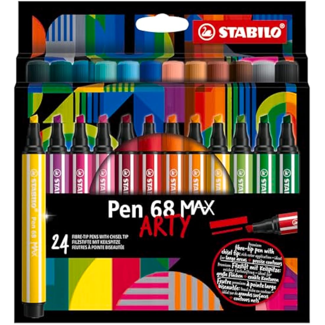 STABILO Pen 68 MAX - Premium Fibre-Tip Pen with Chisel Tip - ARTY - Pack of 24 - Assorted Colours