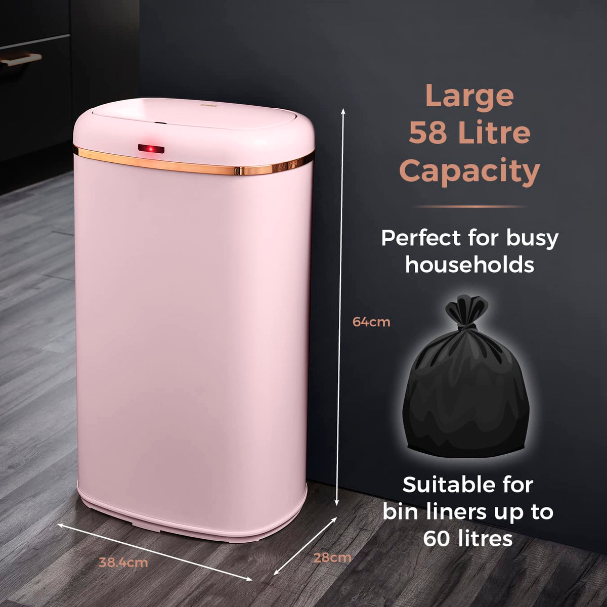 Tower T838010PNK Cavaletto Square Sensor Bin, 58L, Pink and Rose Gold