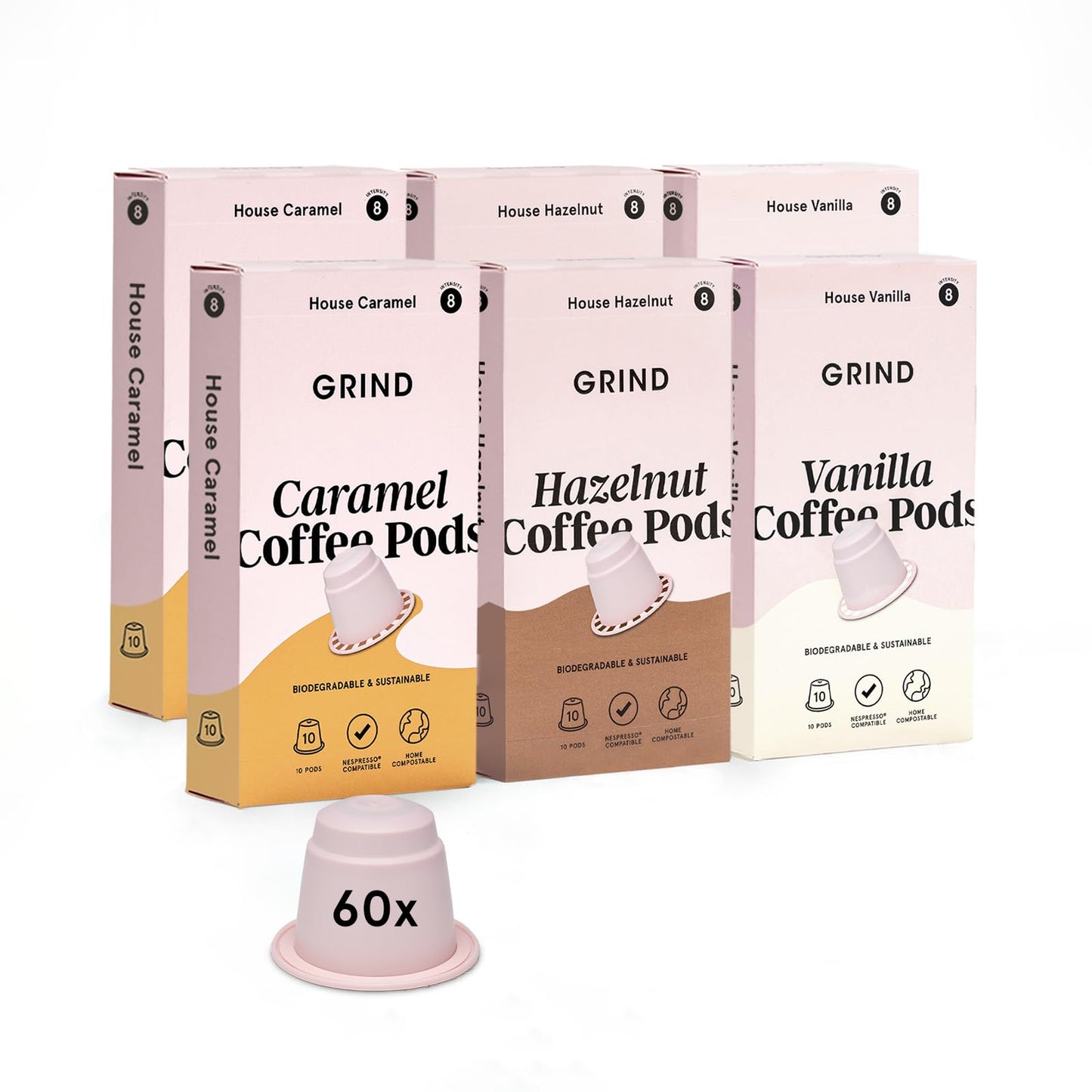 Grind Flavoured Coffee Pod Collection ? Hazelnut, Vanilla & Caramel Blend ? Pack of 60 Biodegradable Capsules ? 100% Arabica ? Nespresso? Original