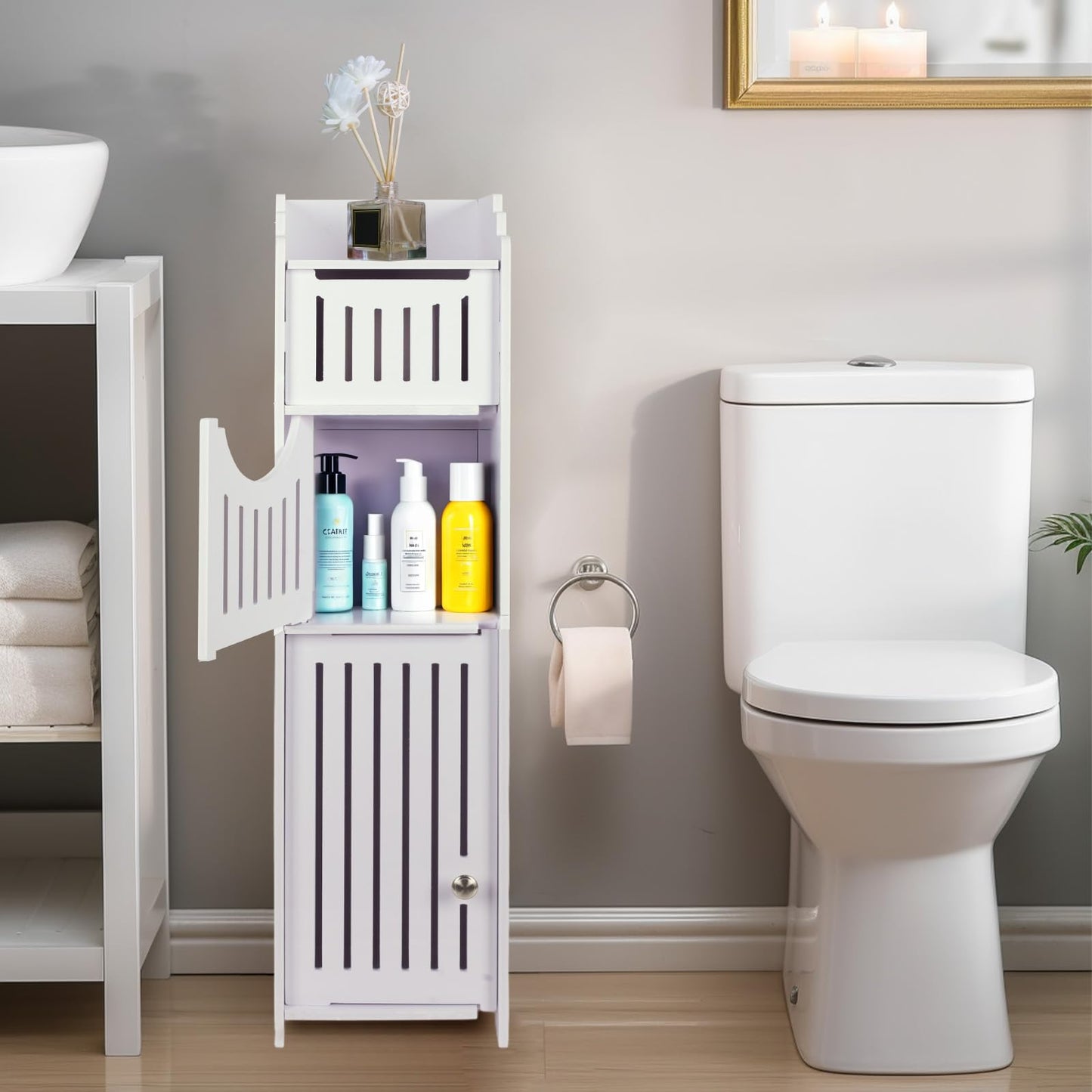 powerking Toilet Paper Holder Stand, Toilet Storage Cabinet for Bathroom, Slim Corner Shelf for Small Space Storage, Small Bathroom Storage Cabinet
