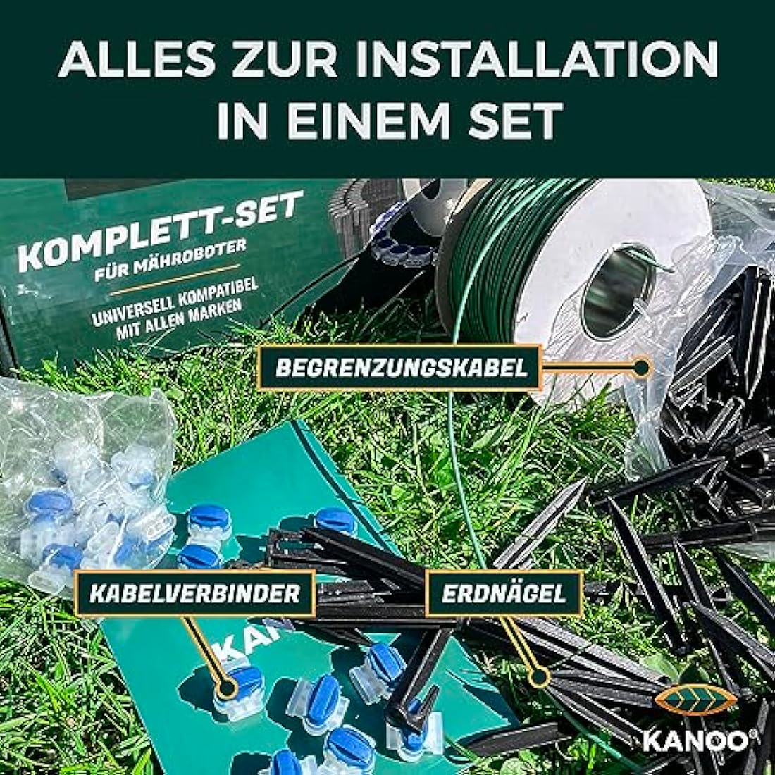 Robotic Lawnmower Boundary Cable Set - Cable + Pegs + Cable Connector + Connection Clamps - Complete Set for All Brands - Robotic Lawnmower Installation Kit for First Installation