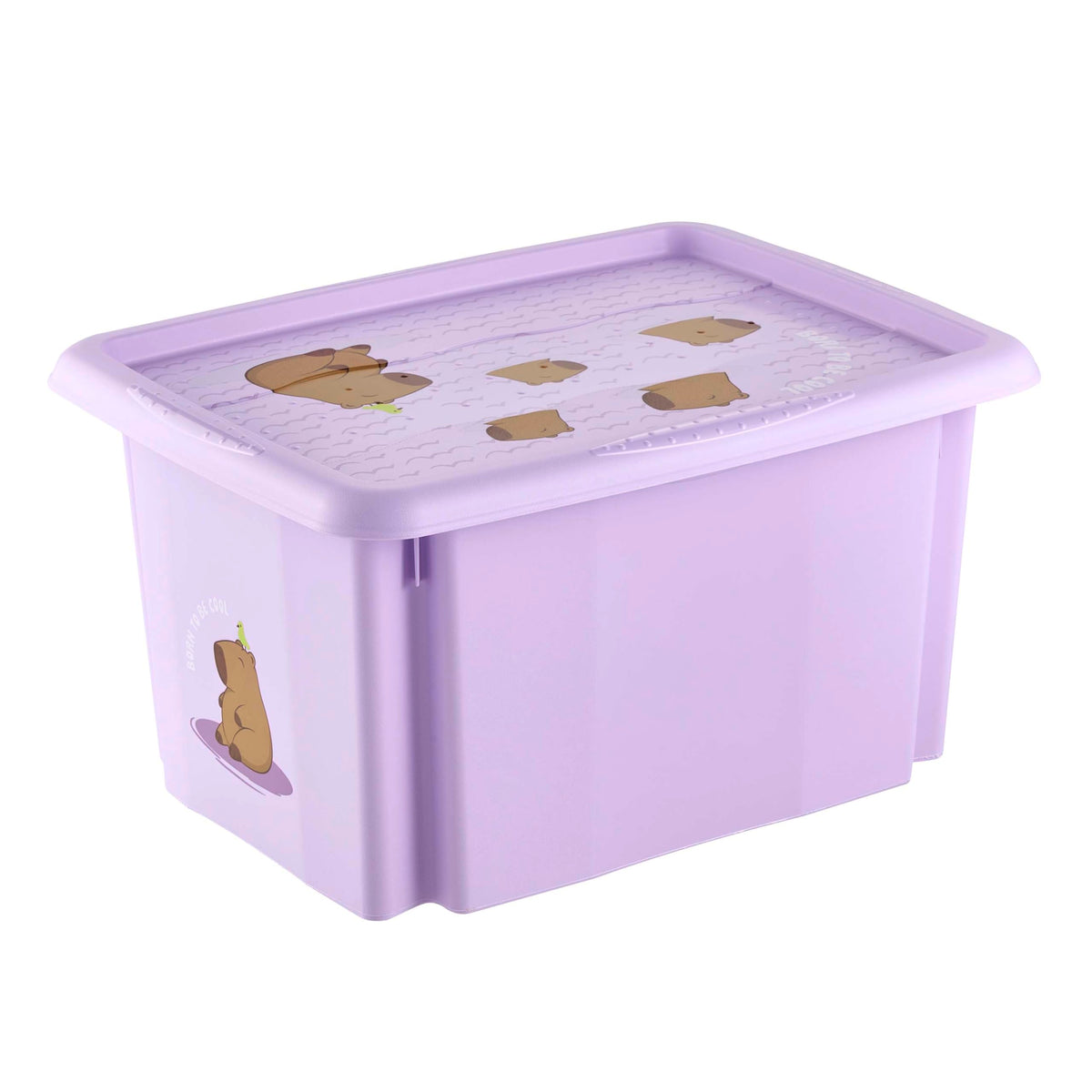 keeeper karolina storage box with lid, 15 l, rotatable and stackable, design: Capybara, for children, Violet (Soft Purple)