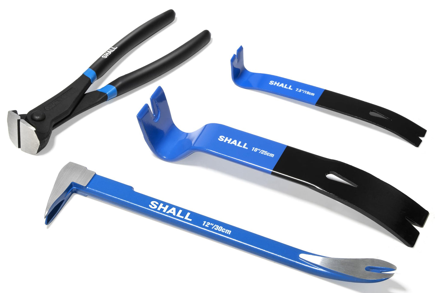 SHALL 4-Piece Pry Bar Set, 12-Inch(30.48cm) Cats Paw Nail Puller, 10-Inch(25.4cm) & 7.5-Inch(19cm) Flat Claw Pry Bars, 8-Inch End Cutting Pliers, Nail