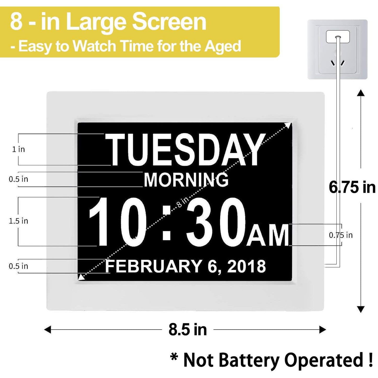Yuanzeco Alarm Clock With Day And Date For Elderly 3Displays Digital Calendar Day Clock Photo Frame- Auto Dimmable Display 15 Alarm Options, Day Clock