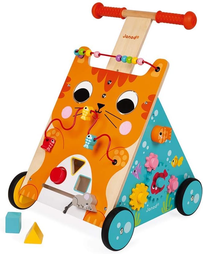 Janod Wooden Activity Baby Walker Cat, New but missing 2 spacers, 1 screw, opened, scruffy box