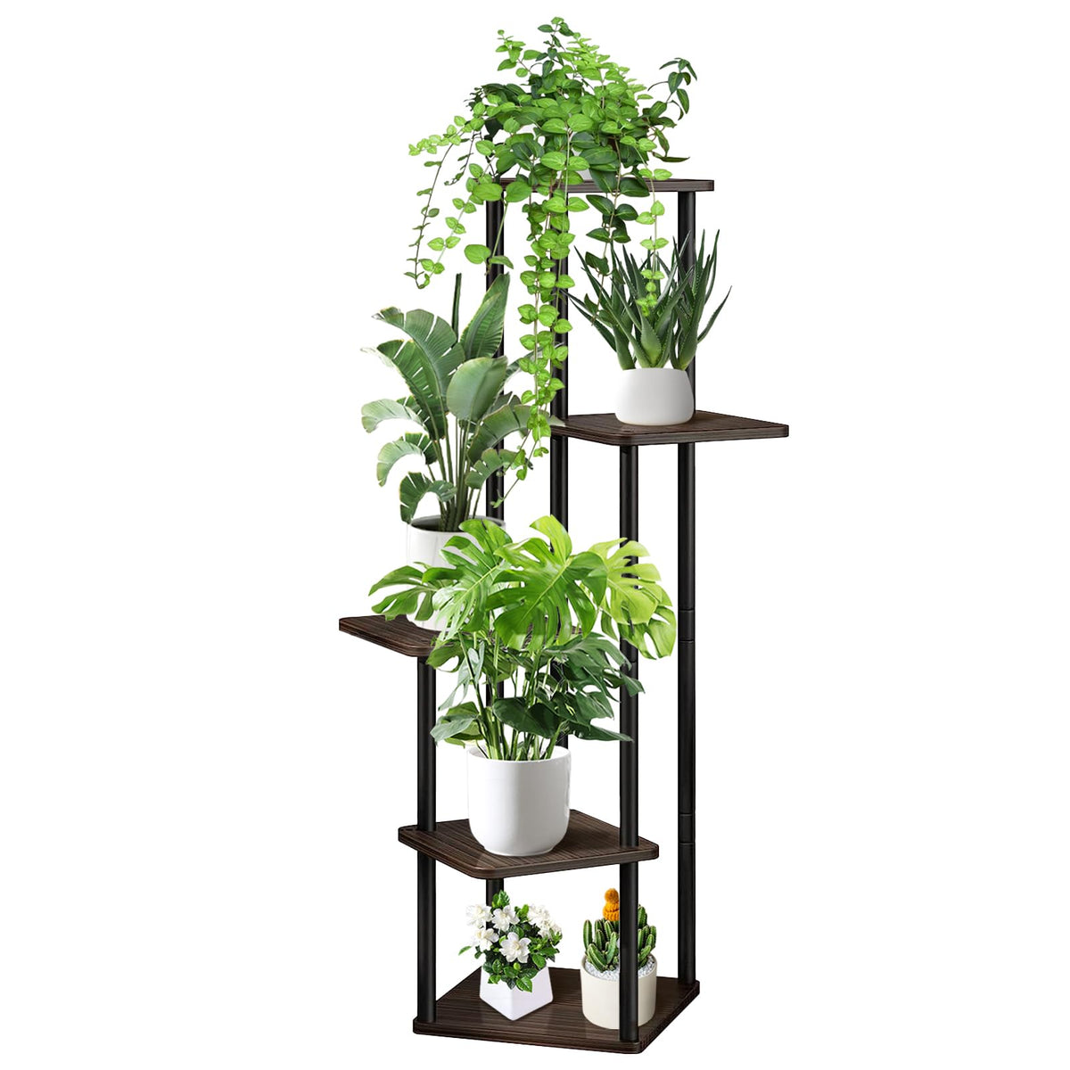 VASZOLA 5 Tier Wood Tall Plant Stand, Metal Rack with Multiple Flower Pot Holder Shelves, Planter Shelf Display Rack Storage Organizer for Balcony