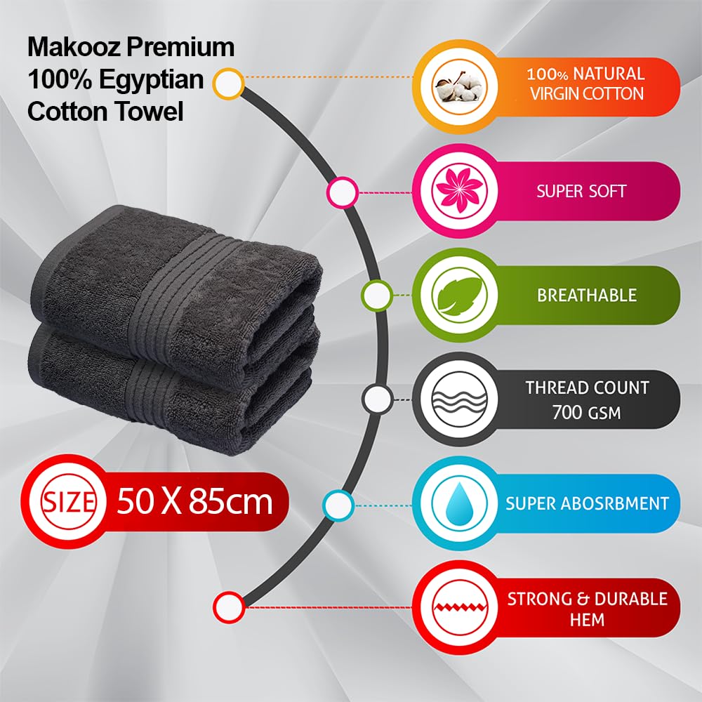 Makooz Premium 700 GSM Hand Towels for Bathroom 2 Pack – 100% Natural Ring-Spun Egyptian Cotton – Luxurious Ultra Soft