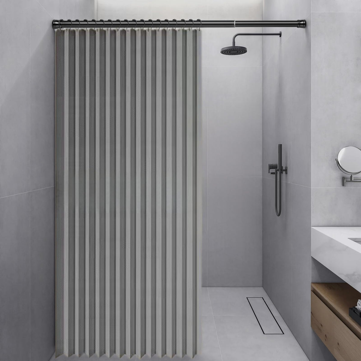 Momooda Waterproof Folding Shower Curtain, Heavy Duty Anti Mould Linen Shower Curtain, Magnetic Sripe Splash-proof, Fast Closing, Grey, 100x200cm