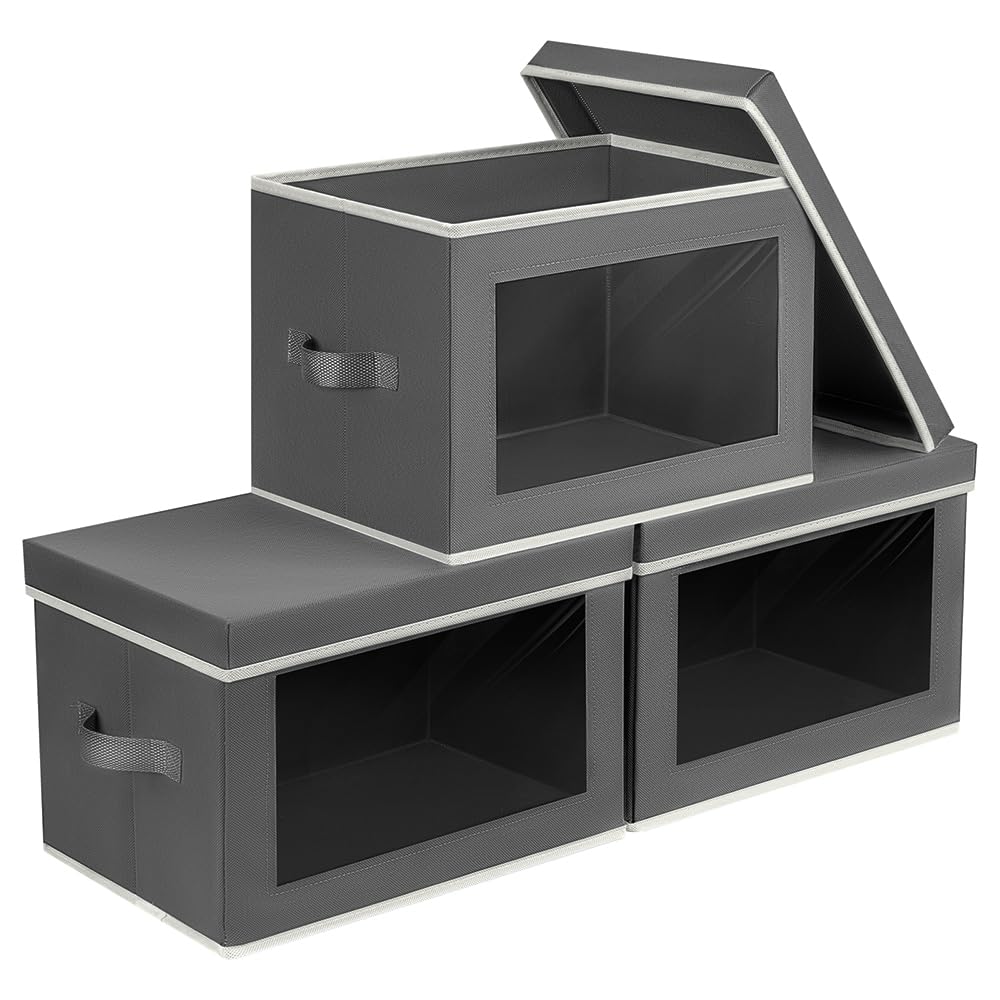 Homsorout Fabric Storage Boxes with Lids - 3 Pack Wardrobe Storage Organiser Bins with Transparent Window, Foldable Cube Storage Baskets for Toy