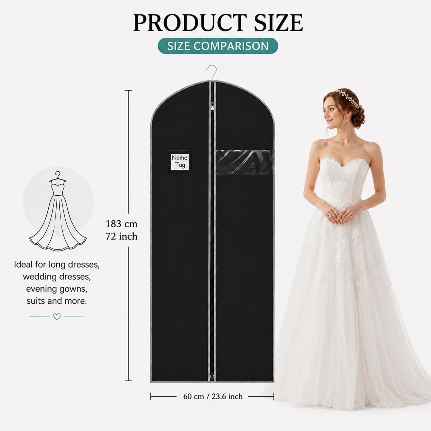 Dress Bag Covers Long, URMI Breathable 60 x 183cm (3 PCS) Hanging Wedding Dress Bridesmaid Dress Bags for Gowns Prom Bridal Garment Bags with Clear