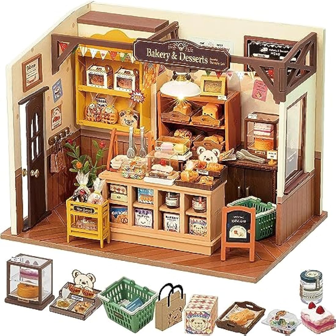 ROBOTIME DIY Miniature House Kit for Adults, Mini Dolls House Building Kit with Furniture and LED Lights for Women's or Girl's Birthday Gift.