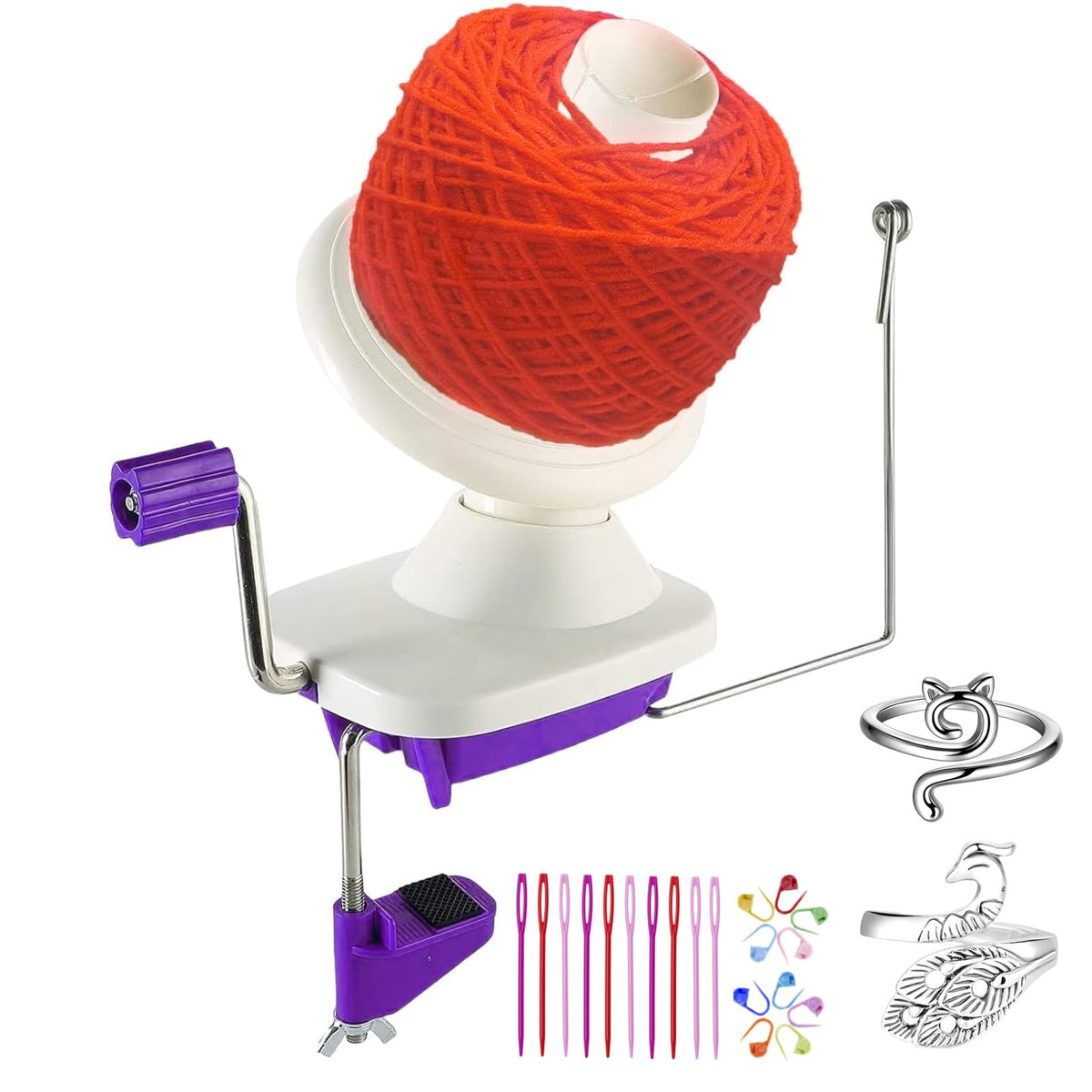 Yarn Ball Winder, Hand Purple Ball Winders for Yarn, Yarn Winder with Easy Installation for Yarn Storage +2PCS Adjustable Knitting Loop Crochet+10 PCS
