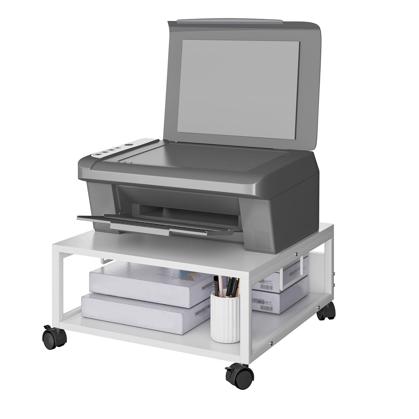 IBUYKE 2 Tier Desktop Printer Stand Cart,Printer Table with Wheels,Desk Heavy Duty Rolling Table with Storage Folders,for Books, Fax Machine