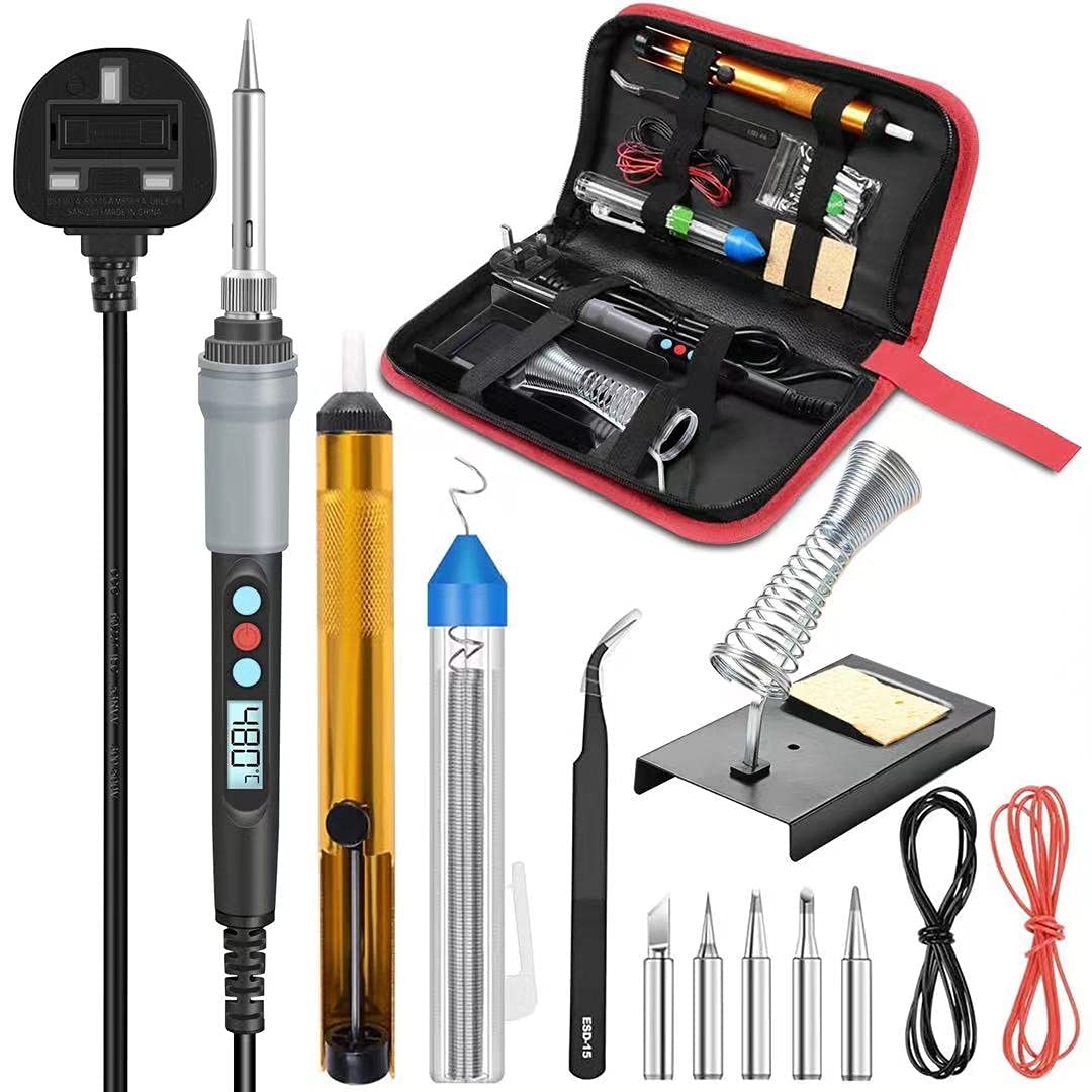 Soldering Iron Kit, 90W Adjustable Temperature Soldering-Iron Gun Kit Welding Tool with 5 Soldering Tips, Desoldering Pump, Tin Wire Tube, Stand,