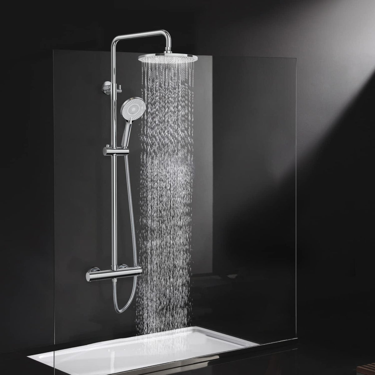 Rainsworth Thermostatic Shower Mixer Set Chrome, 25cm Round Overhead Rainfall Shower, 3 Jet Types Handheld Shower, Height Adjustable Shower System