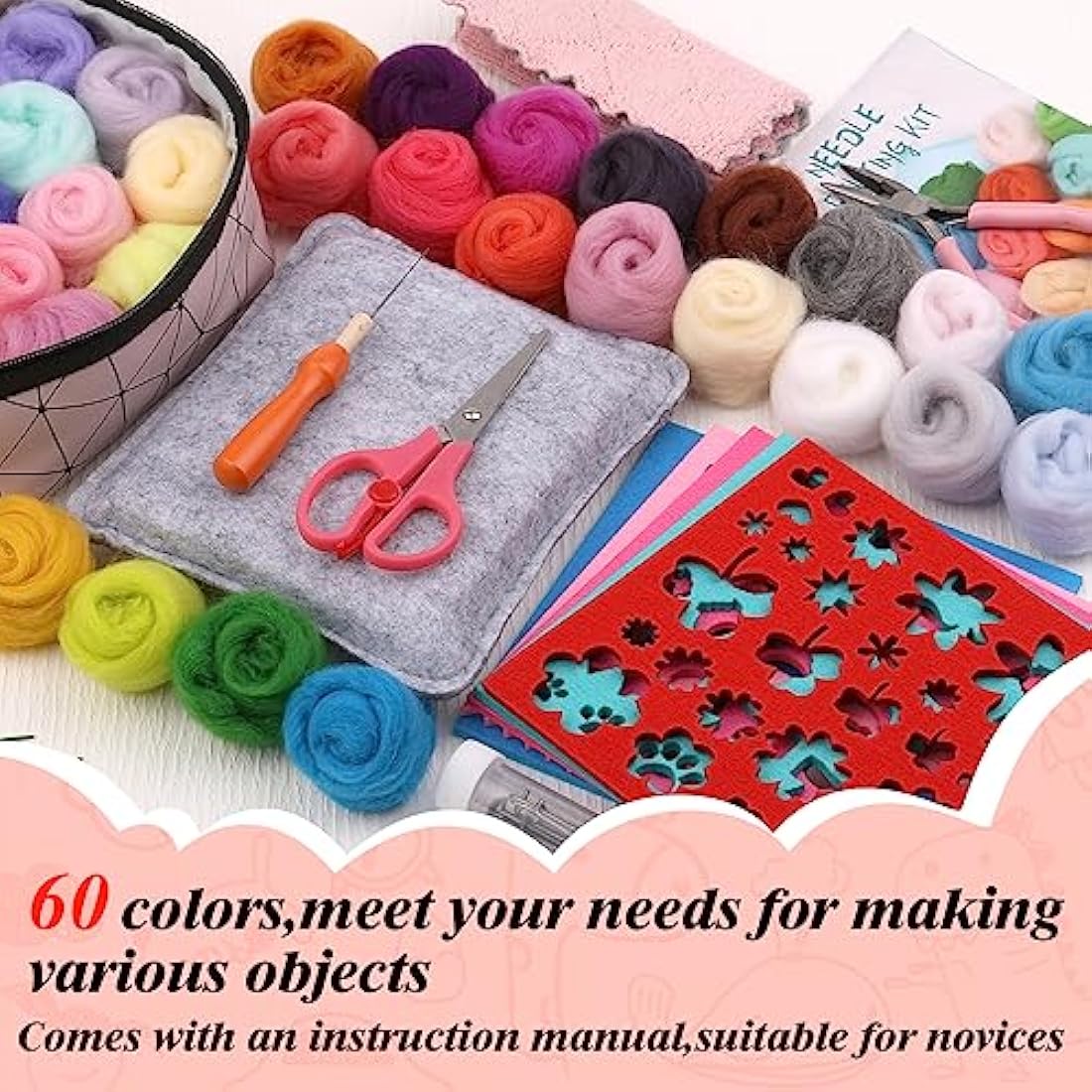 Axmru 215 Pcs Needle Felting Kit Wool Roving 60 Colors Set Basic Felt Tools and Supplies Needle Felting Starter Kit with Foam Mat Felt Molds and Storage Box for DIY Craft