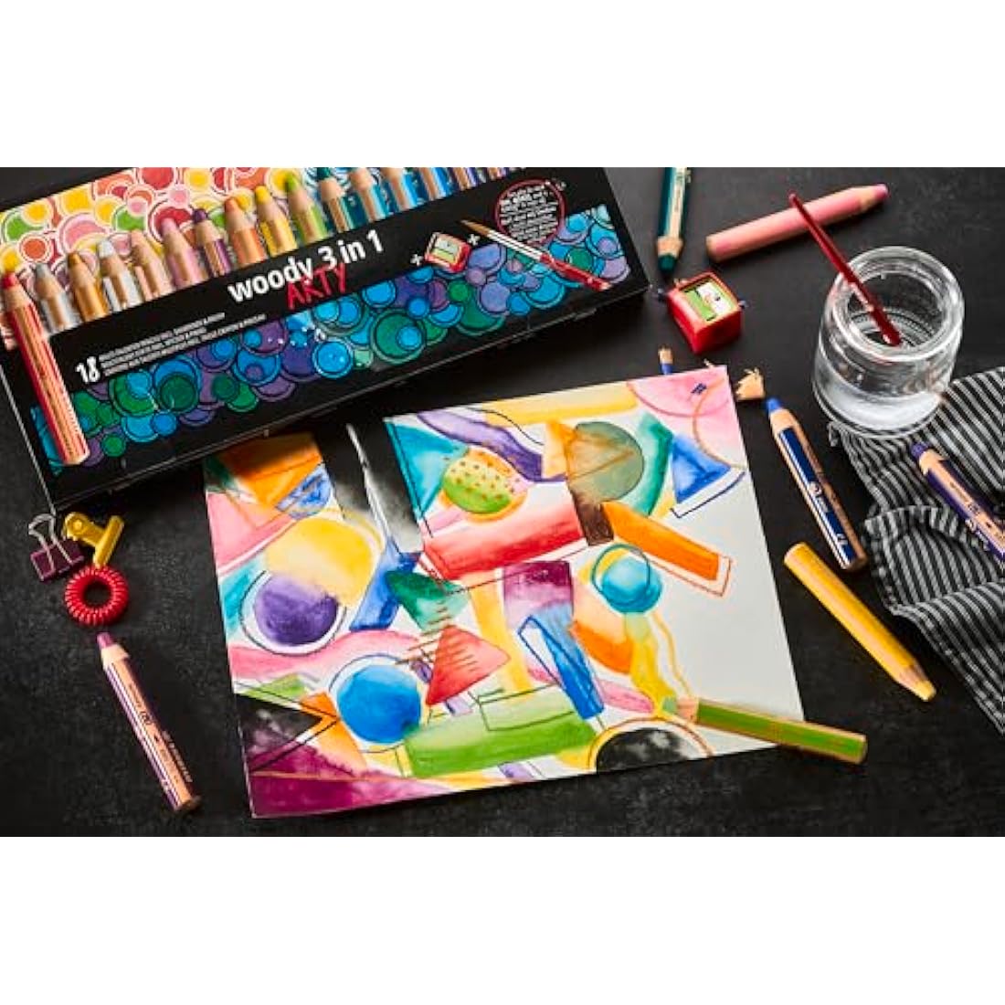STABILO woody 3-in-1 - Multi-Talented Pencil - ARTY - Pack of 18 - Assorted Colours with Sharpener and Paint Brush