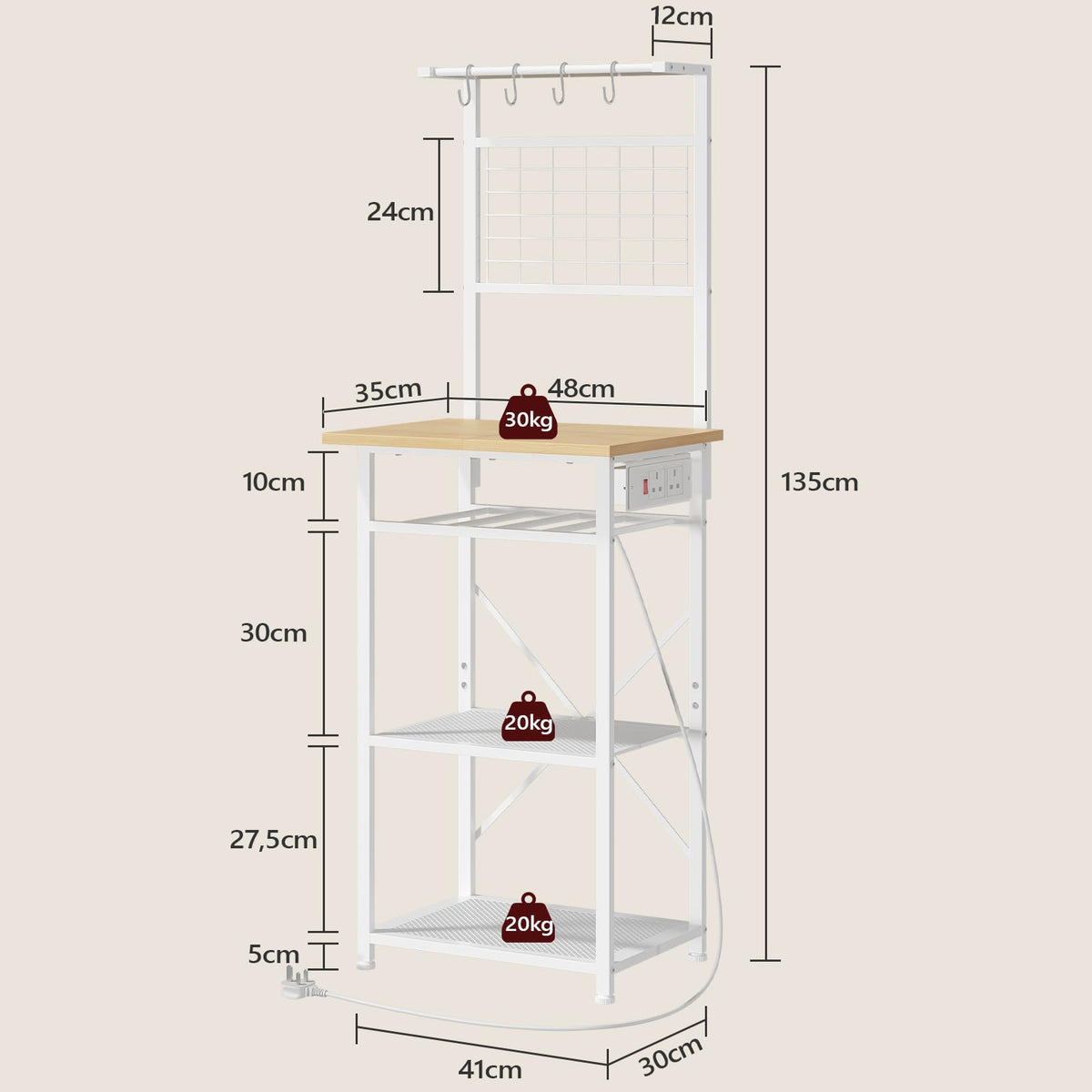 MAHANCRIS Bakers Rack, Microwave Stand with Power Outlet, Coffee Bar Station with Wine Rack and Hooks, Kitchen Storage Shelf