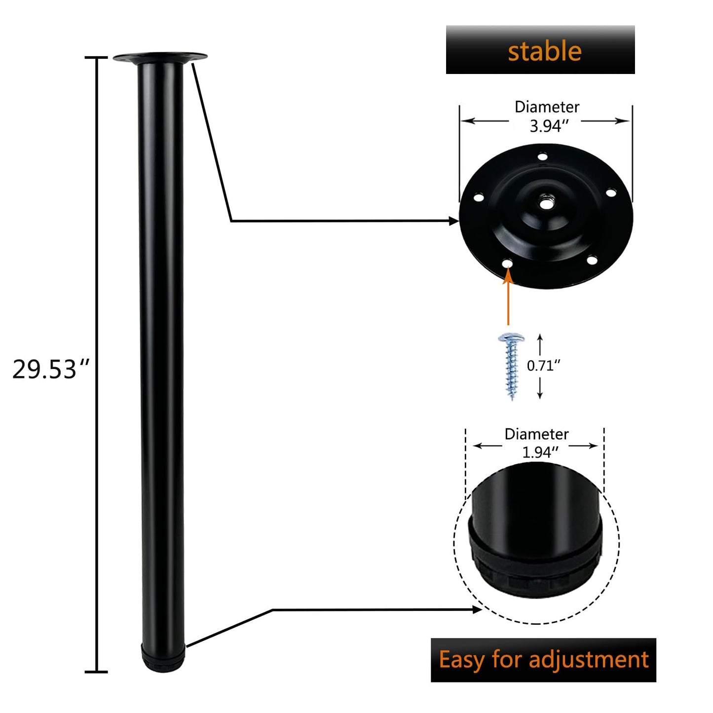 QLLY Table Legs 75cm/29.5 inch Adjustable Metal Desk Legs, 4 Pcs Furniture Legs, DIY Office Table Leg (75cm, Black)