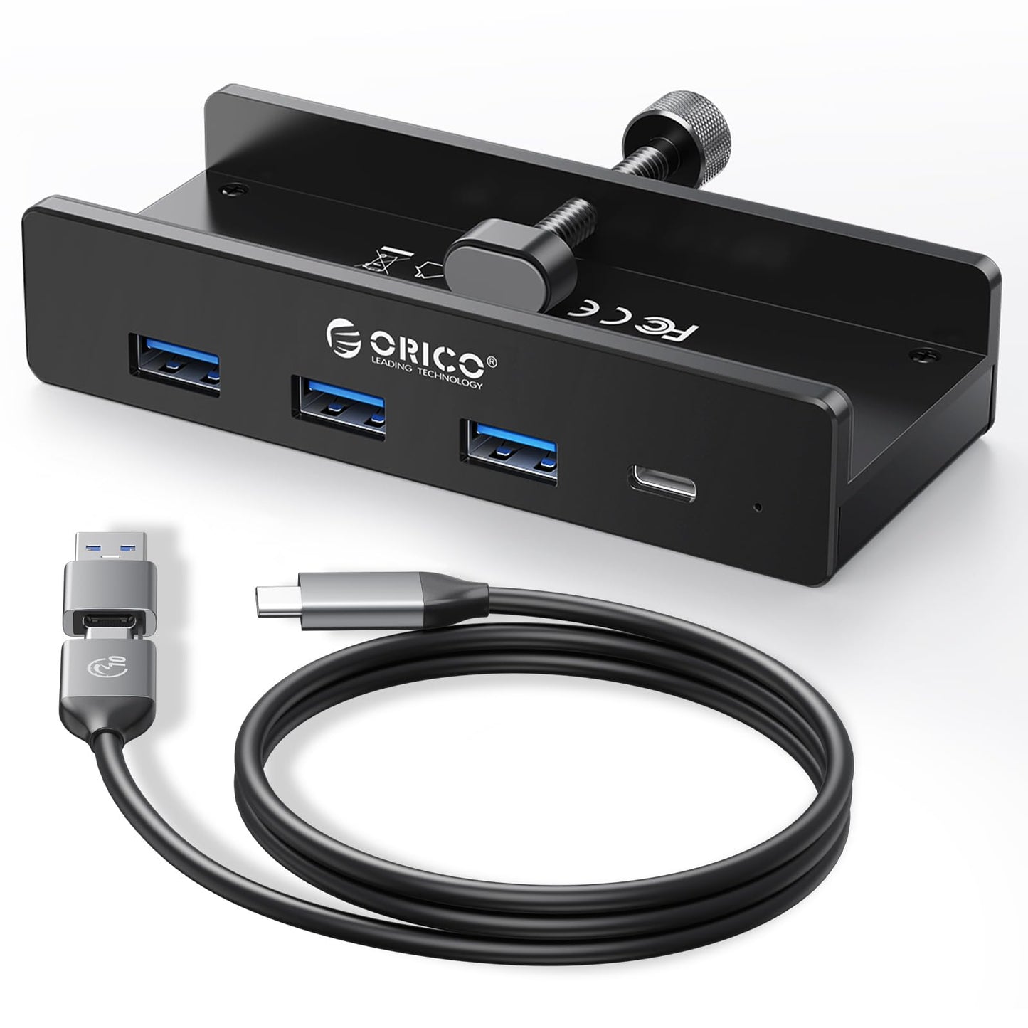 ORICO USB Hub, Aluminum USB 3.0 Hub Clip with 5V Power Supply Connection, 5Gbps 4 port USB Distributor with 3 USB-A 3.0 and 1 USB-C 3.0, 3.3Ft Cable