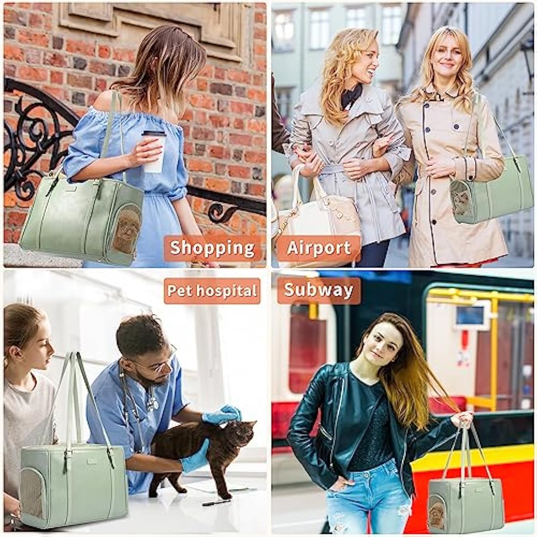 Lasaviin Fashion Dog Purse Pet Carrier Leather Bag for Small Dogs Cats Puppy, Portable Tote Bag Airline Approved Soft-Sided Carriers (Green)