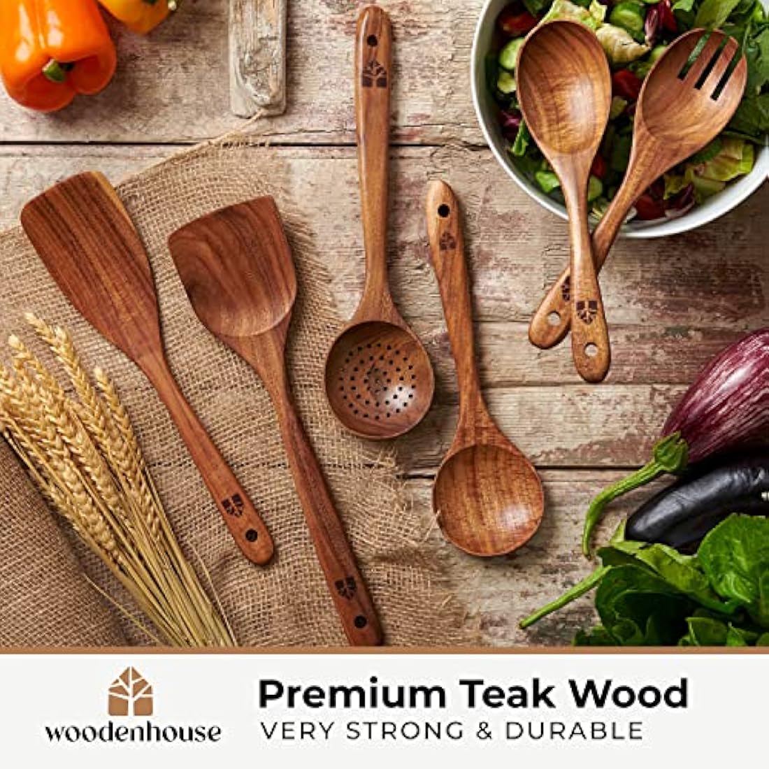 Wooden Utensil Set - 6 Pcs Teak Wooden Spoon Kitchen Utensils Set - Cooking, Mixing, Serving, Slotted Spoons, Salad Fork, Cooking Spatula, Non-Stick & Heat Resistant Kitchen Accessories
