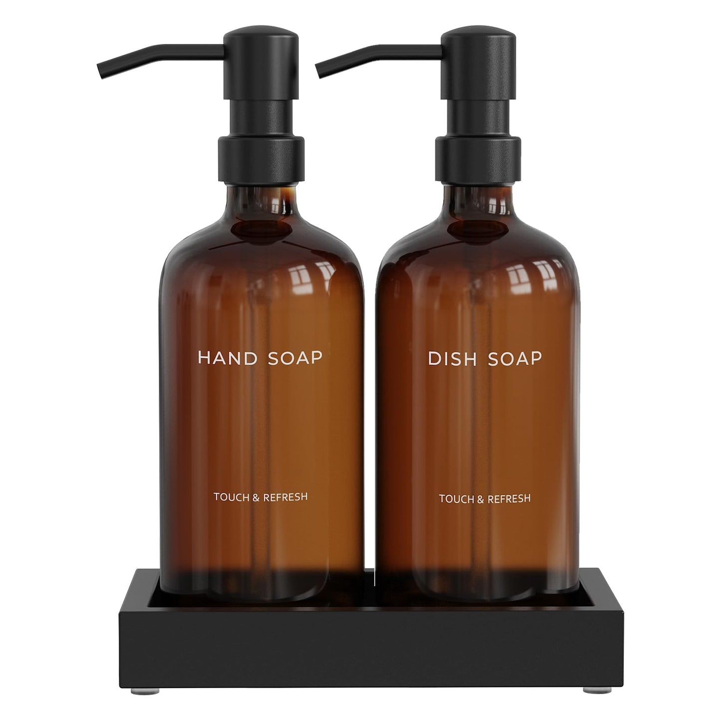 Kitchen Soap Dispenser Set with Tray - Hand and Dish Soap Dispenser for Kitchen,Modern Kitchen Decor & Accessories. (Amber)