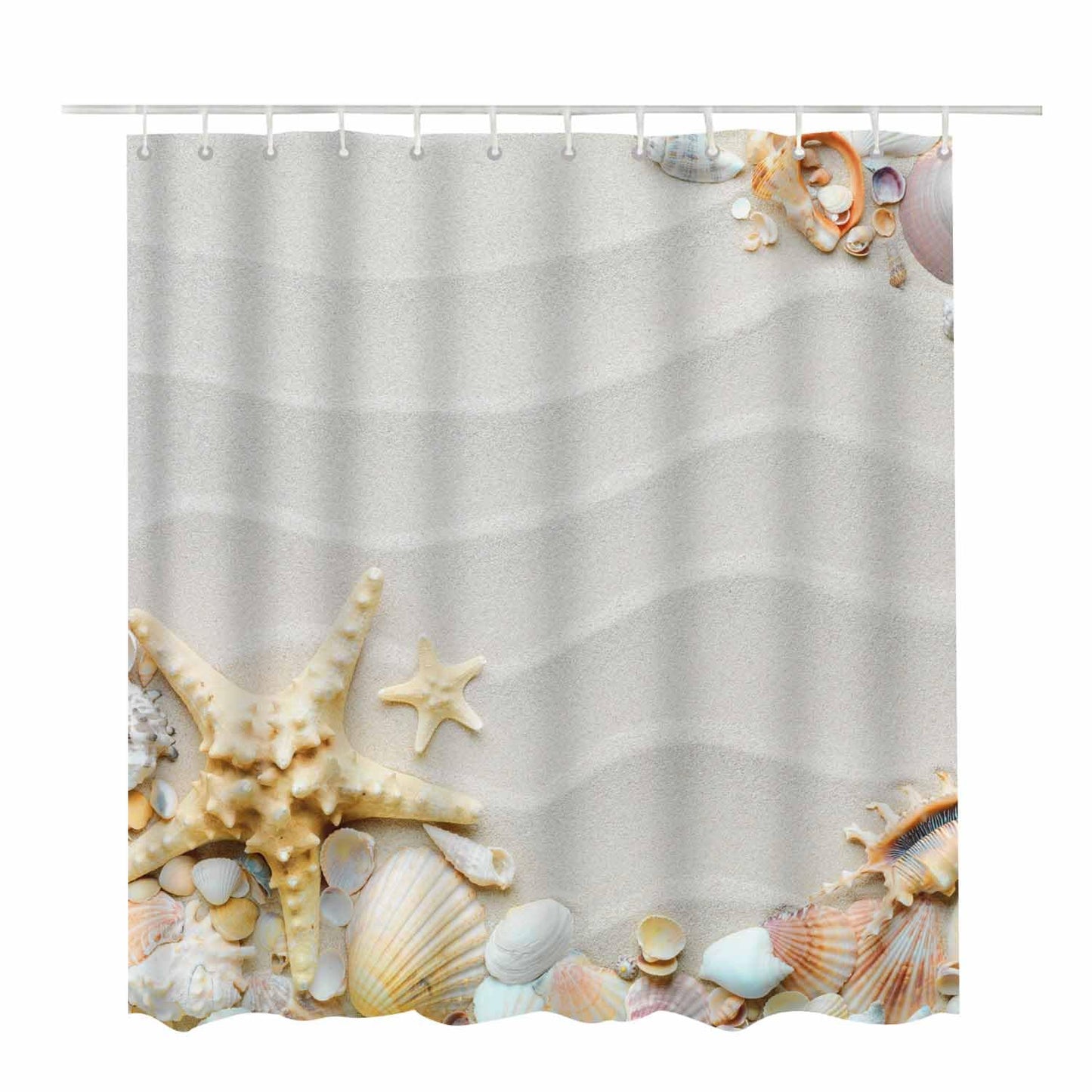 Woutay Shower Curtain Mould Proof Resistant Beach Shells,Water Repellant Fabric,Polyester,with 12 Plastic Hooks,Size 180x180CM