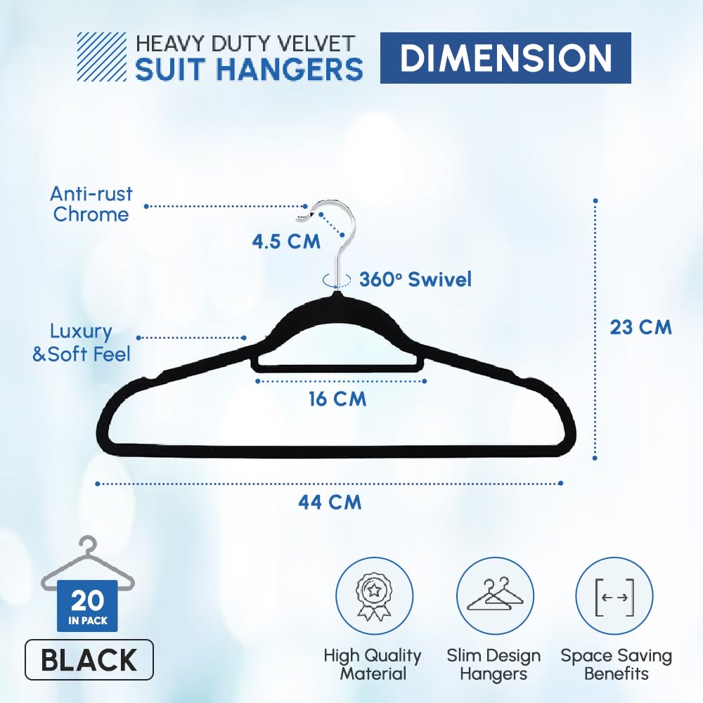 1ABOVE Premium Quality 20 pack Non-Slip Velvet Hangers (44cm) Heavy Duty Velvet Suit Hangers with Tie Bar, 360° Swivel Hooks – Space saving