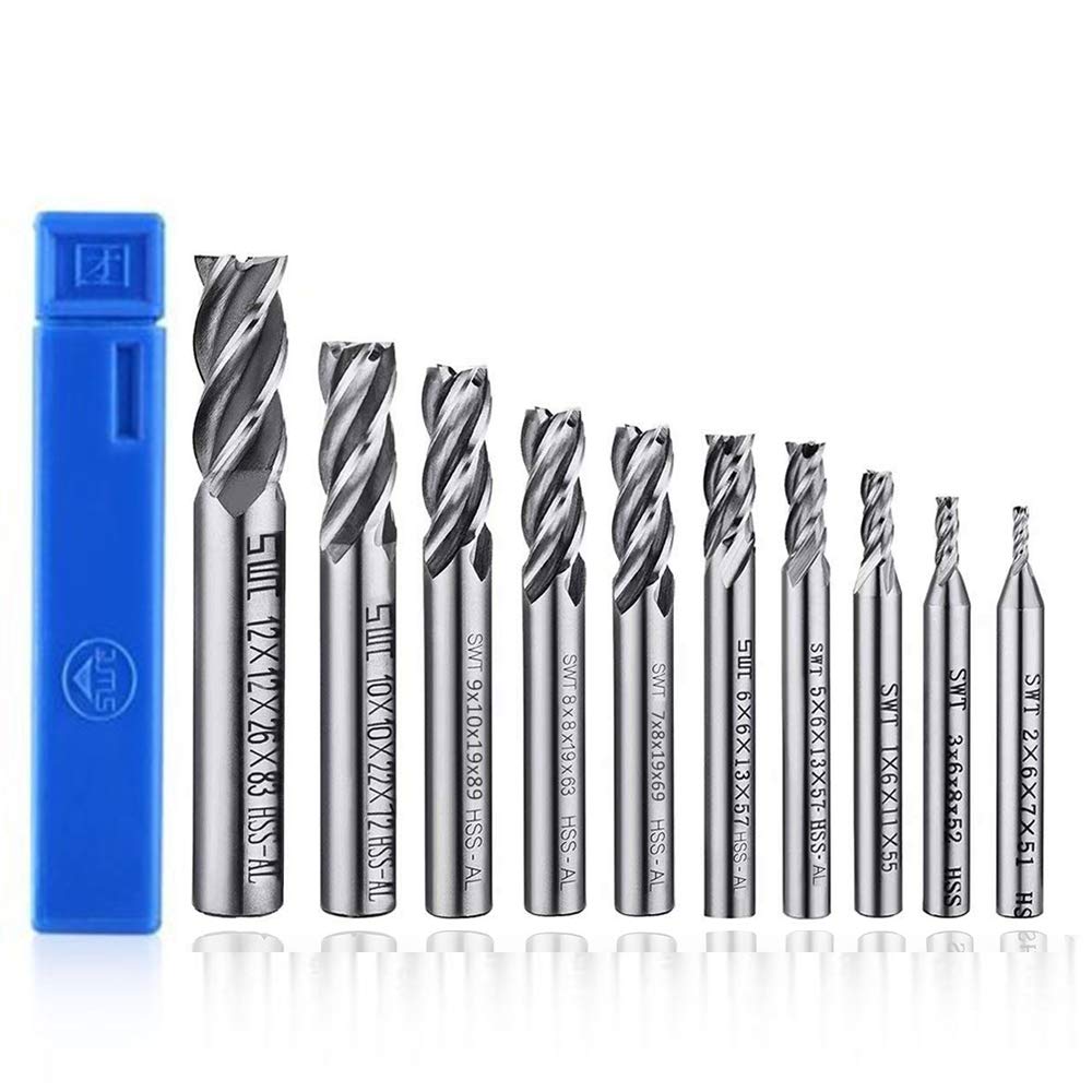 ASNOMY 10pcs 4-Flute End Mill Set, Metric CNC Milling Cutter Drill Bits Router Bits Cutter Tool Set for Wood Aluminum Steel Titanium, Straight Shank