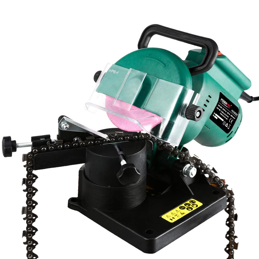 POSENPRO 220W Corded Electric Chainsaw Sharpener Grinder Work with a Grind Angle of 35? Left to Right, 100MM Grinding Wheel Included