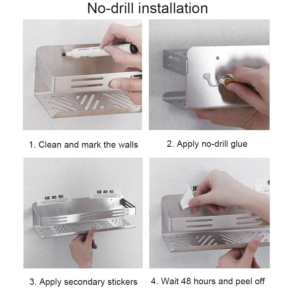 Melairy Stainless Steel Bathroom Shelves Shower Shelf, No Drilling Shower Caddy with 2 Hooks for Bathroom and Kitchen