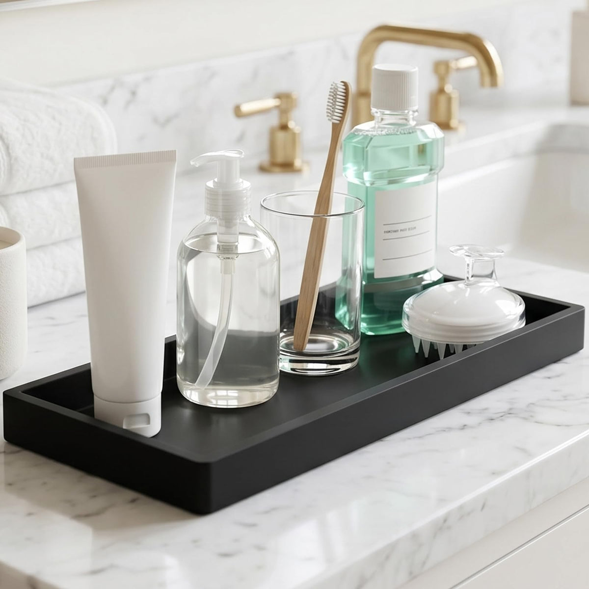 Black Bathroom Tray Organizer, 11.81" X 4.9" Silicone Rectangular Vanity Tray for Sink, Soap Dish & Countertop Storage for Candles, Keys