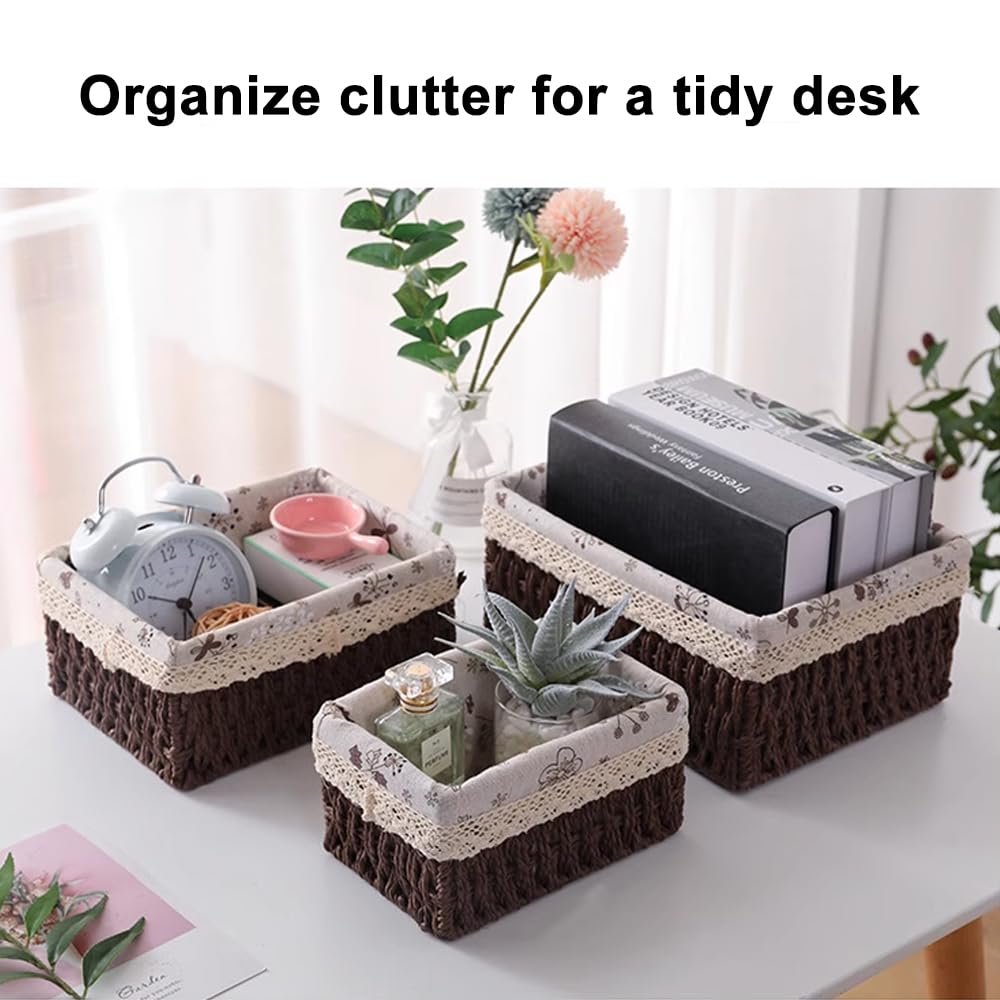 KiKiHong 3 Pcs Brown Storage Basket,Natural Woven Basket Boho